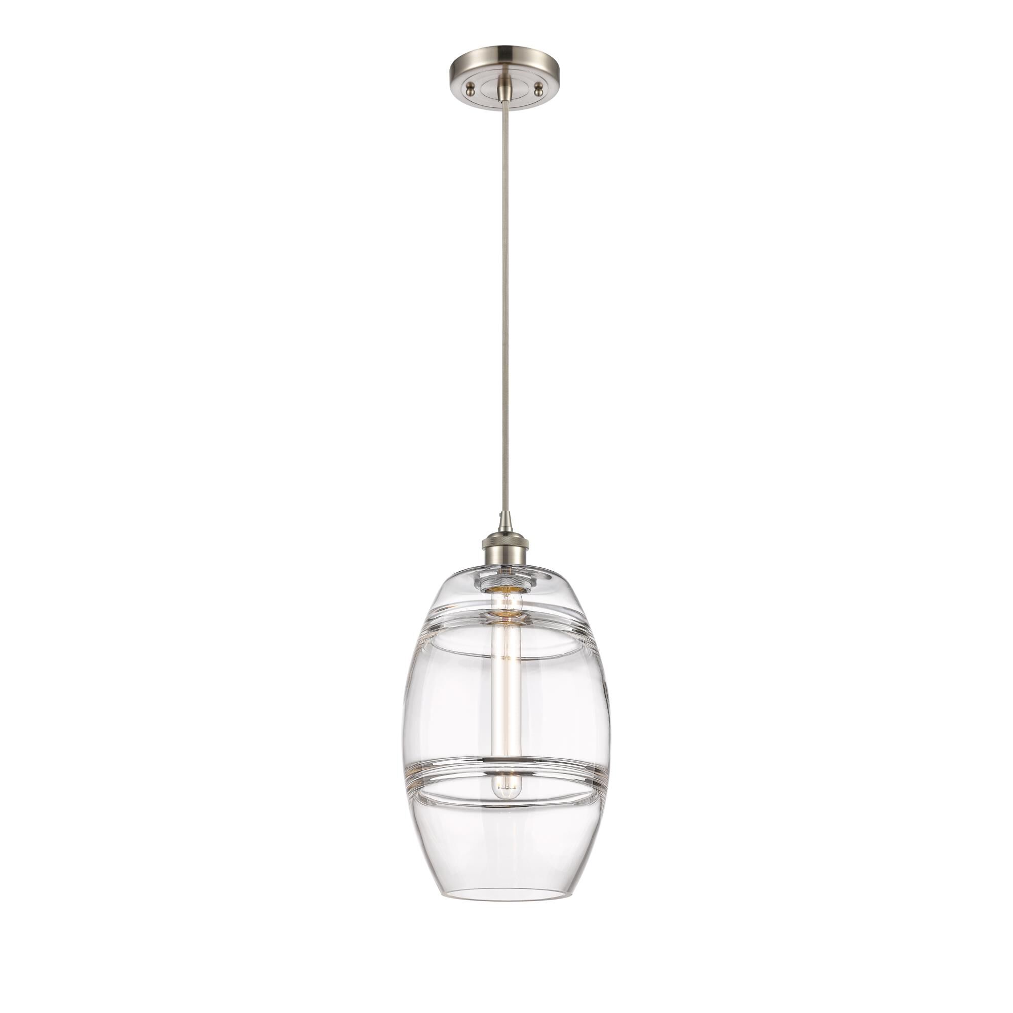 Shown in Brushed Satin Nickel finish and Clear glass