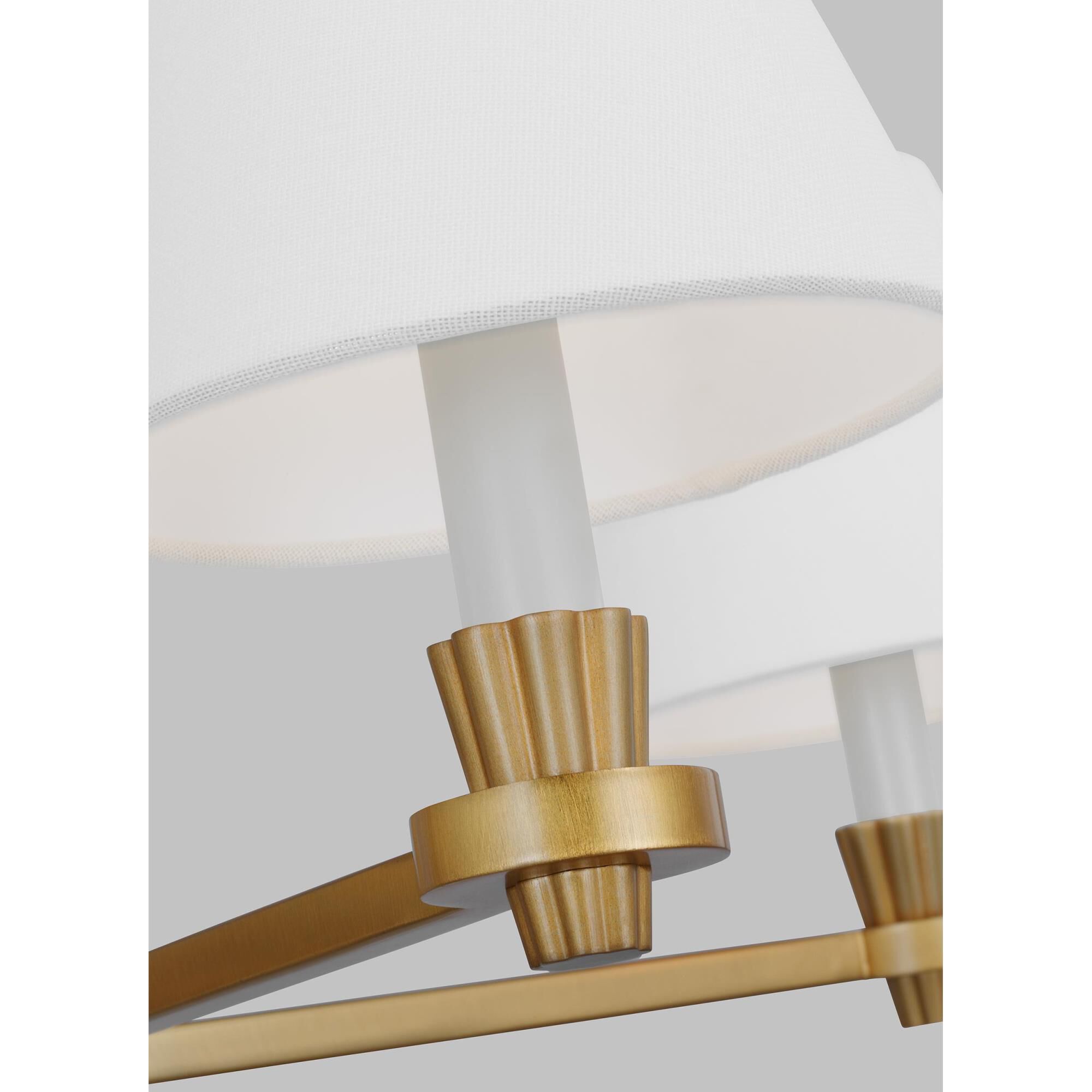 Shown in Burnished Brass finish and White Linen Fabric s shade