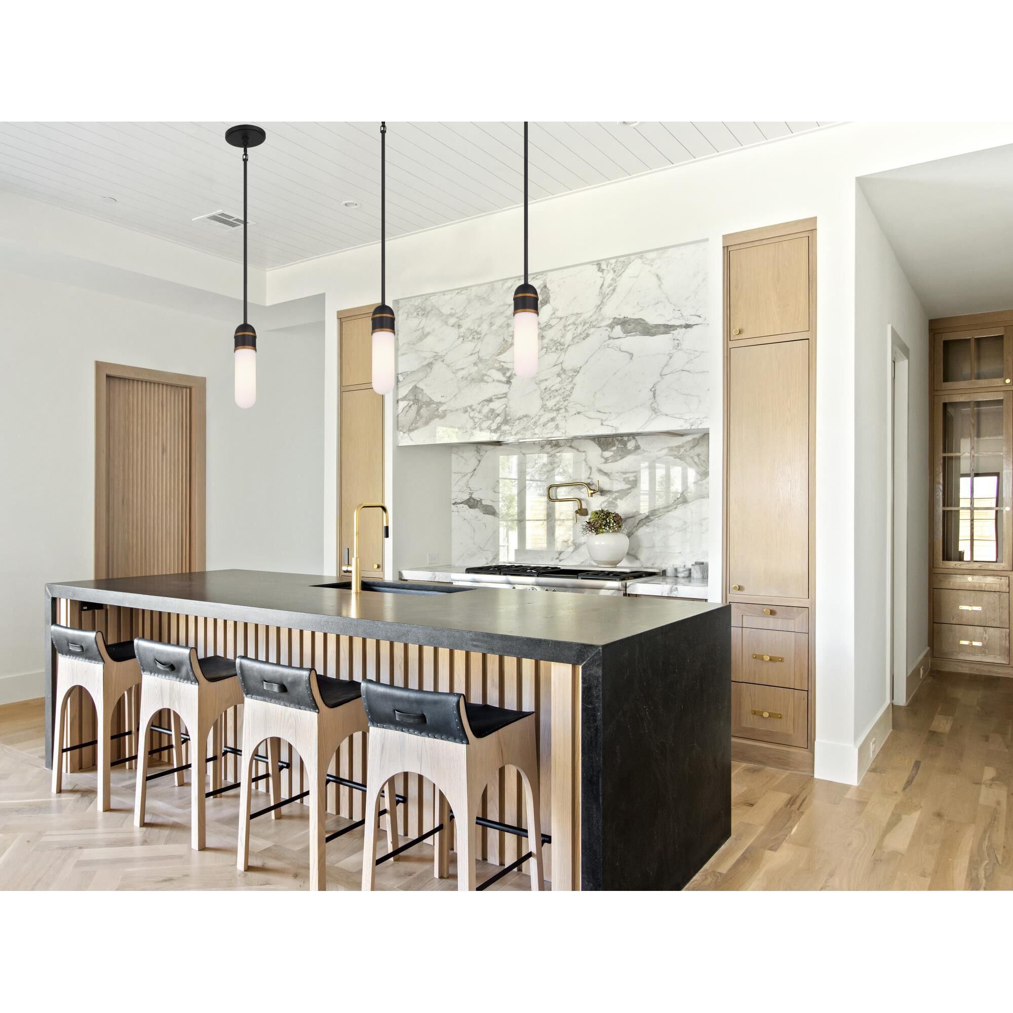 Shown in Matte Black and Textured Gold finish and White glass