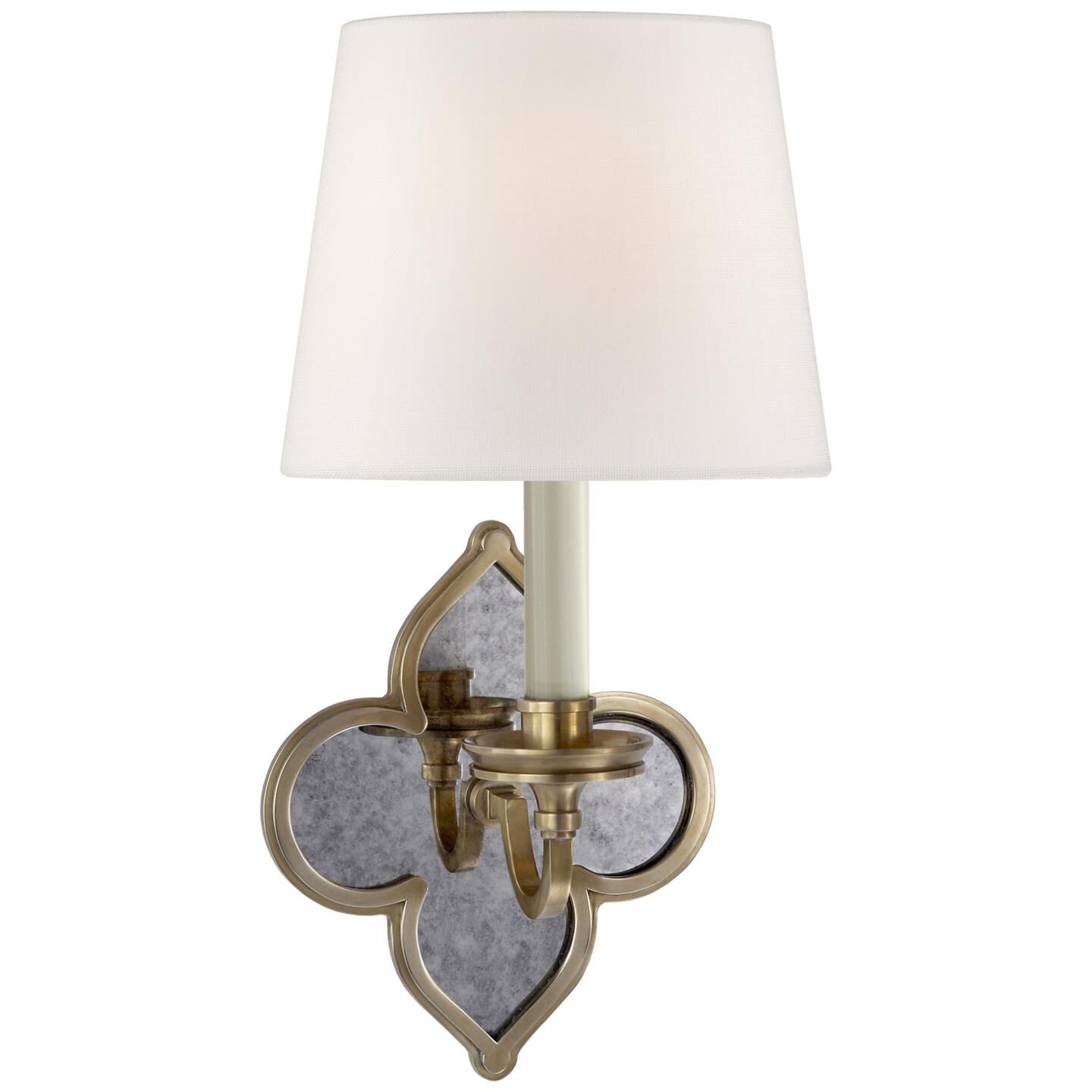 Shown in Natural Brass finish and Linen shade