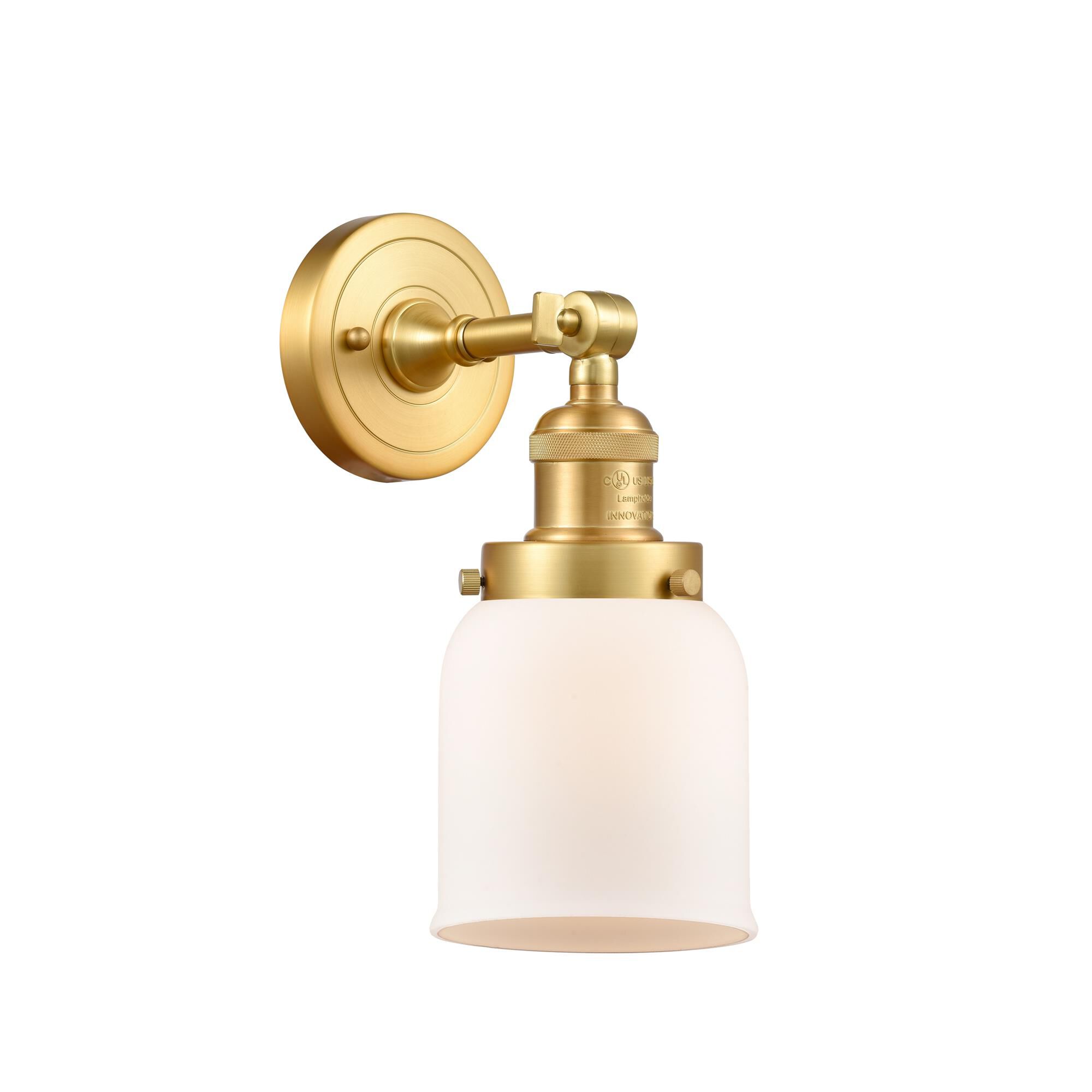 Shown in Satin Gold finish and Matte White Cased Small Bell glass