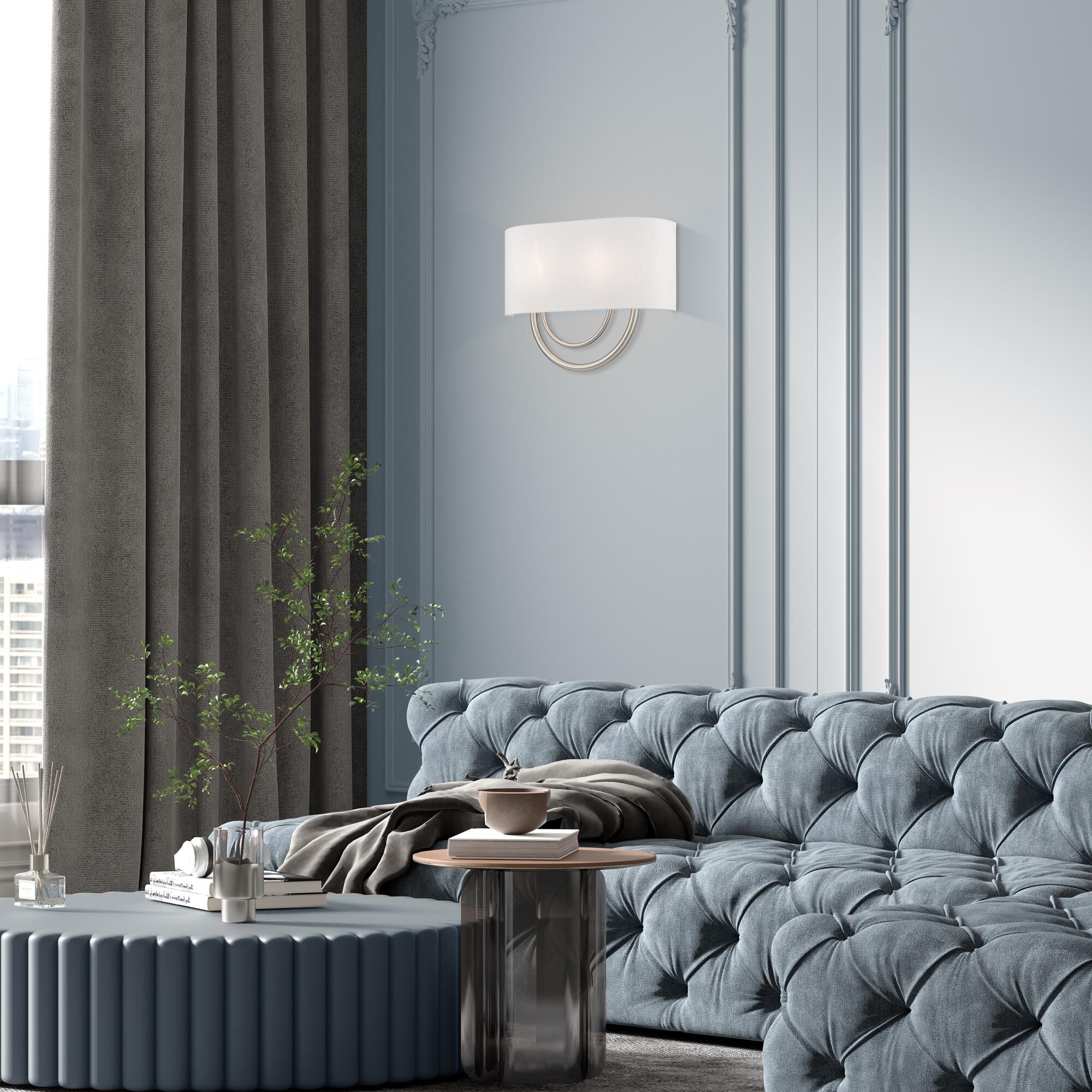 Shown in Brushed Nickel finish and Hand Crafted Off-White Fabric Hardback with White Fabric Inside shade