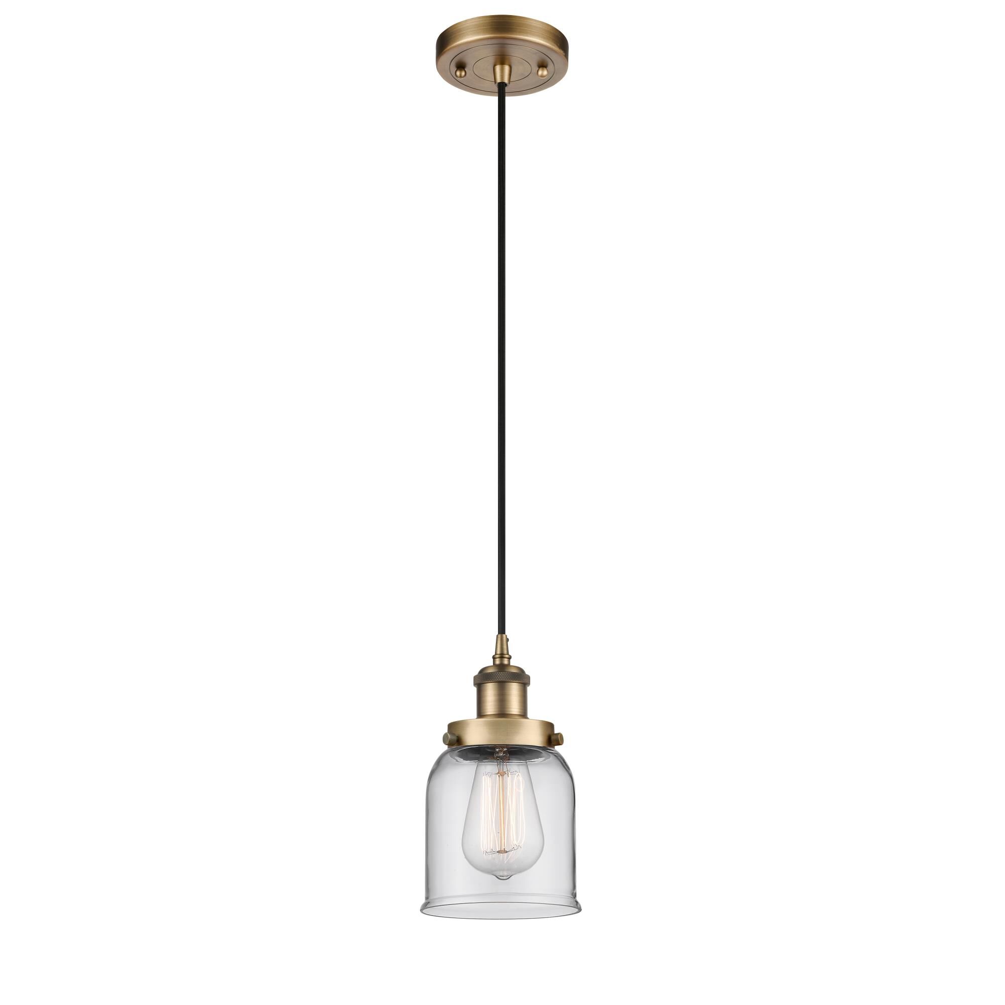 Shown in Brushed Brass finish and Clear Small Bell glass