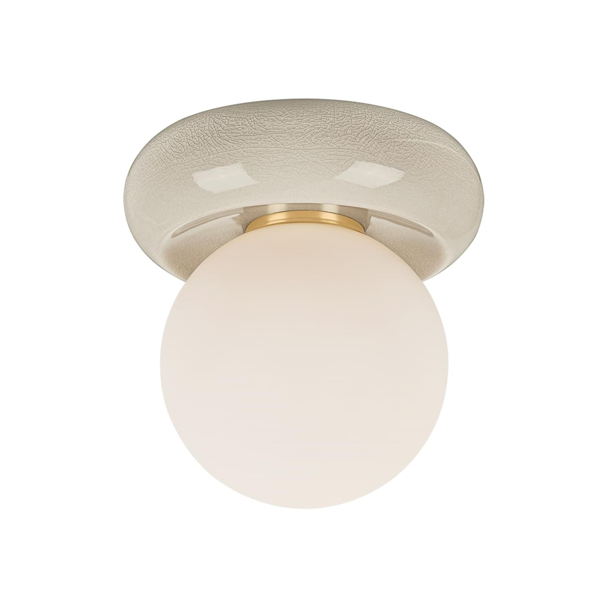 Shown in Aged Brass and Ceramic Ivory Crackle finish and Opal Matte glass