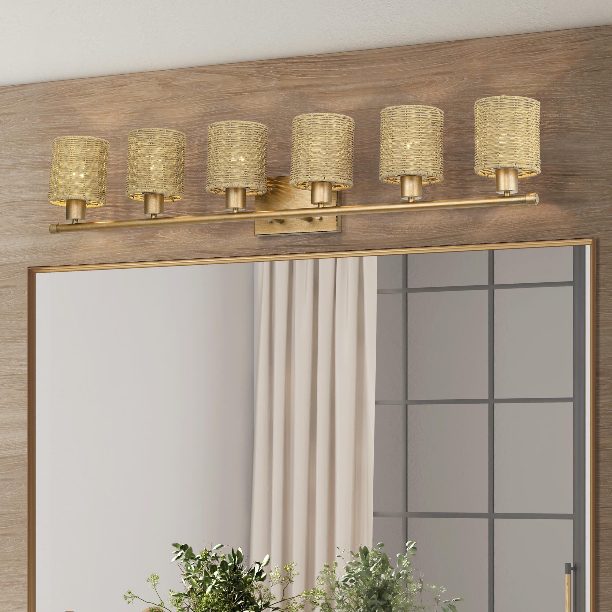 Shown in Antique Gold Leaf finish and Hand-Woven Rustic Walnut Color Rattan shade