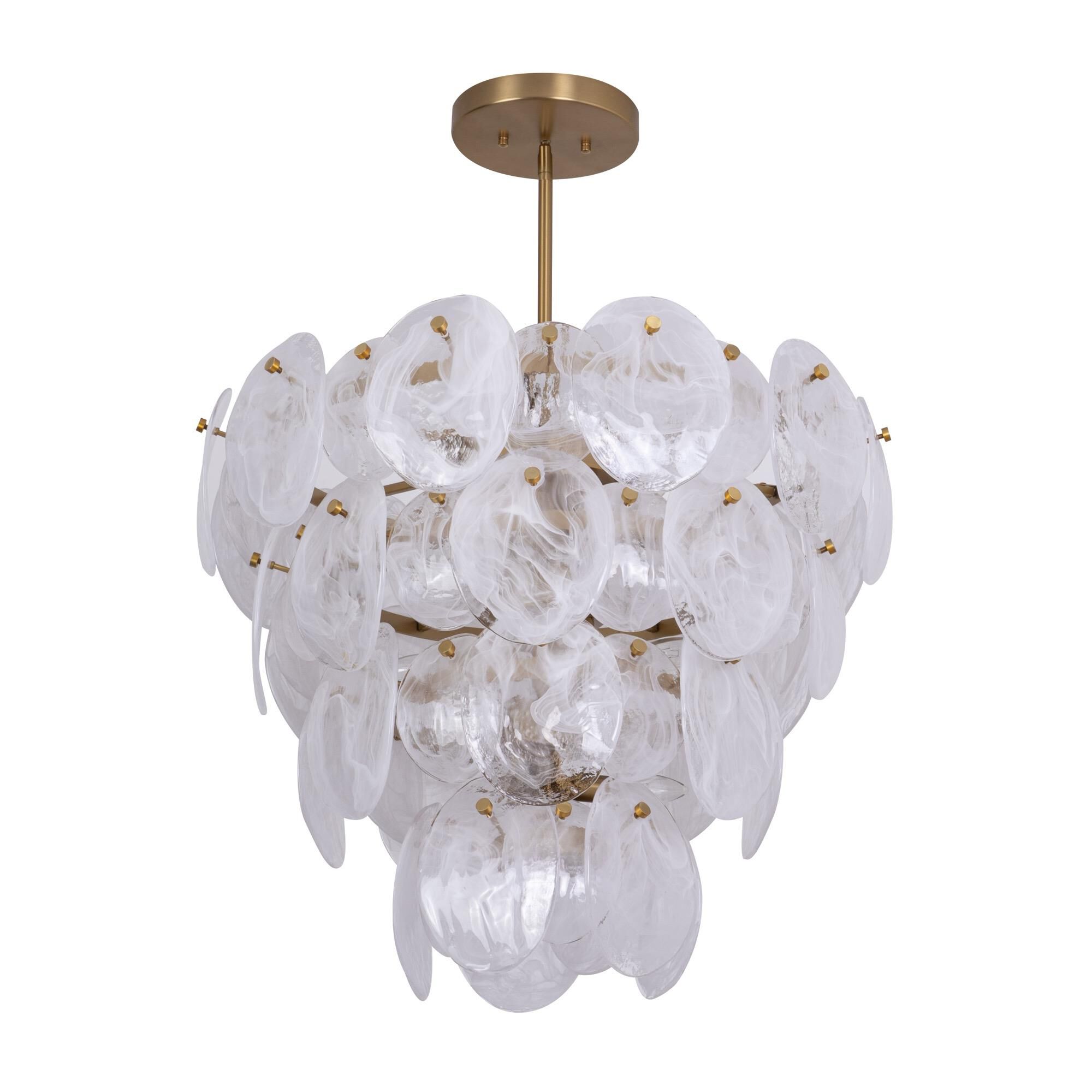 Shown in Brushed Brass finish and Wispy White Murano Style glass