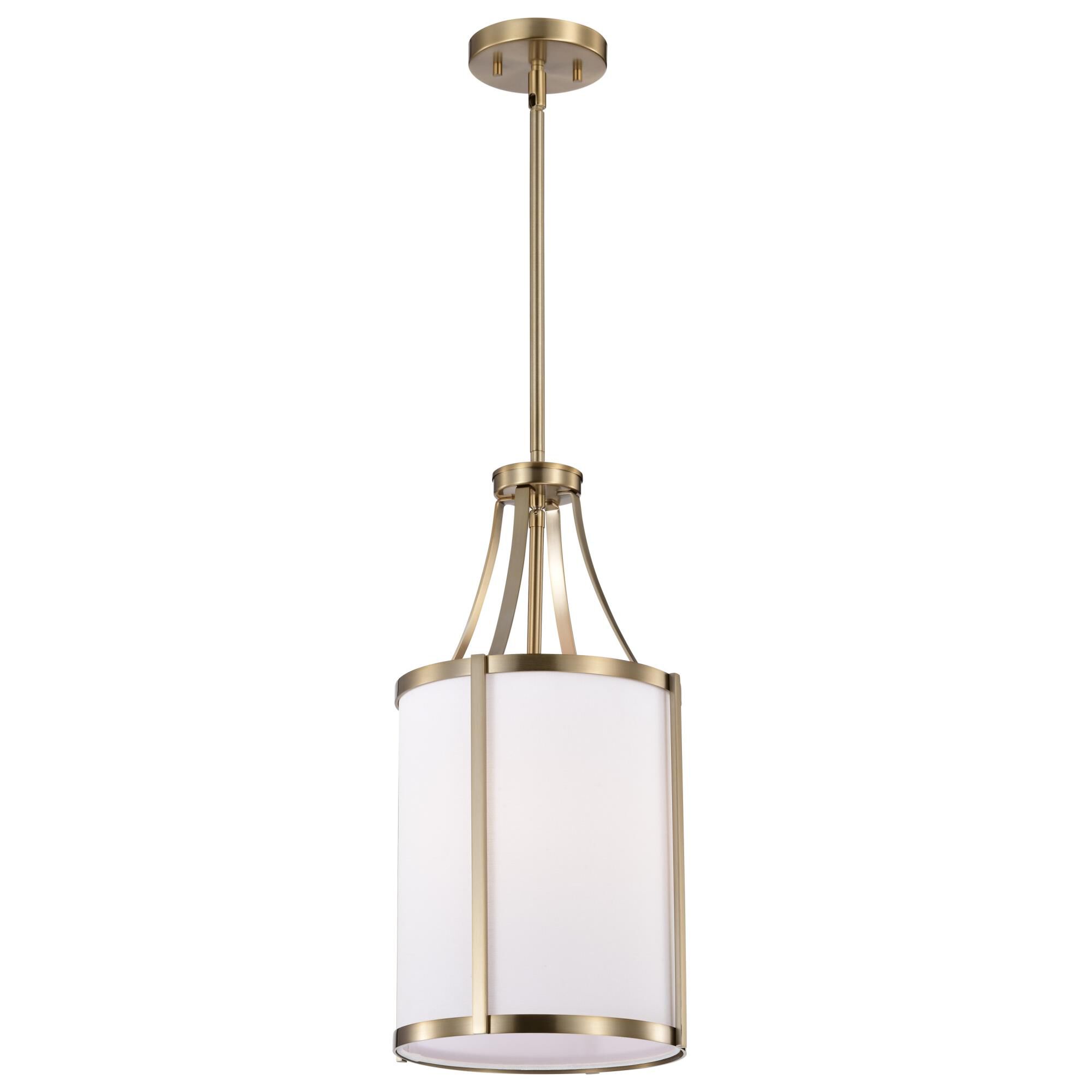 Shown in Burnished Brass finish and White Linen shade