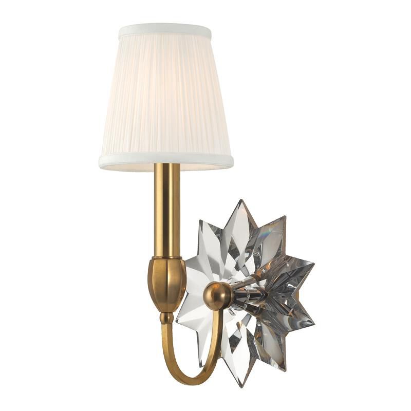 Shown in Aged Brass finish and White Pleated Silk shade