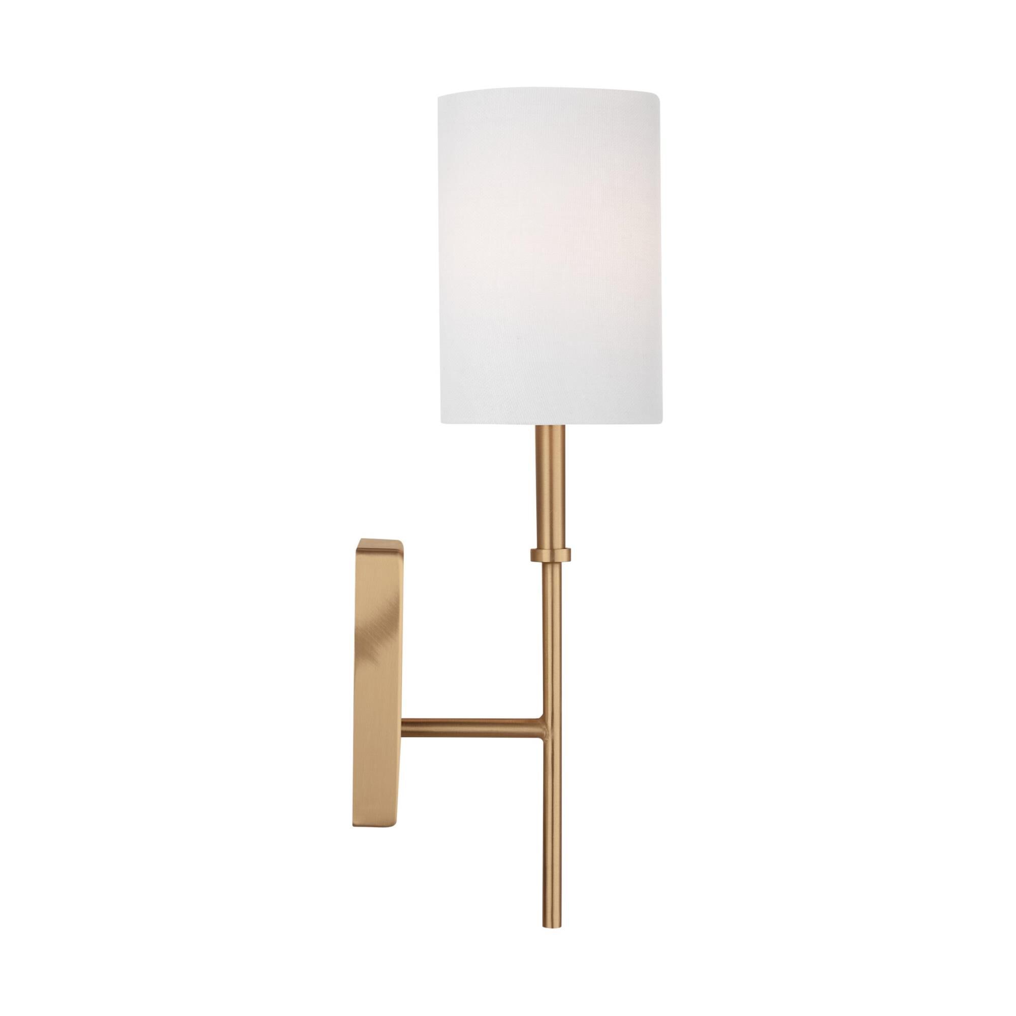 Shown in Satin Brass finish and White Linen glass and White Linen Fabric shade
