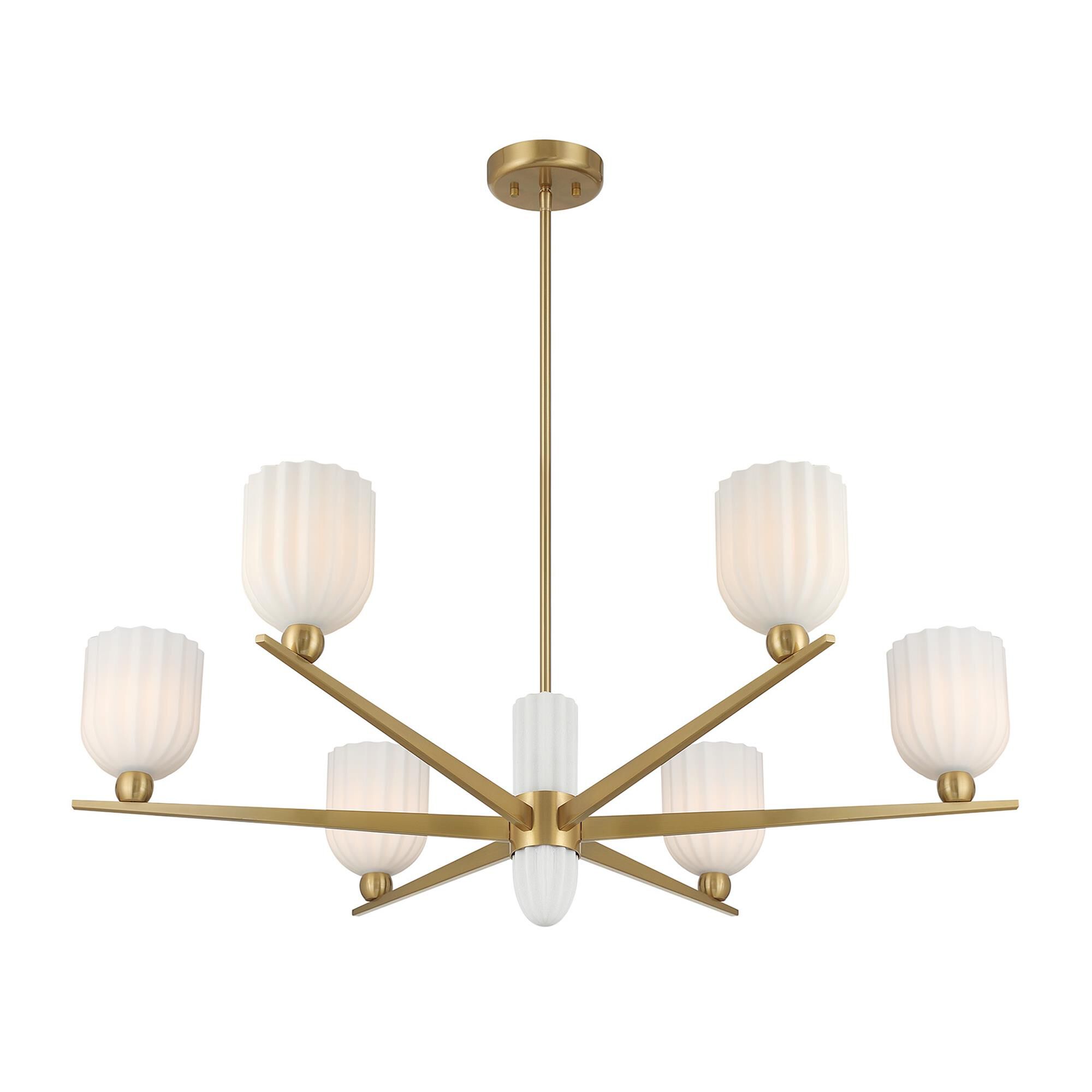 Shown in Warm Brass finish and White Opal Ribbed glass and White Resin accent