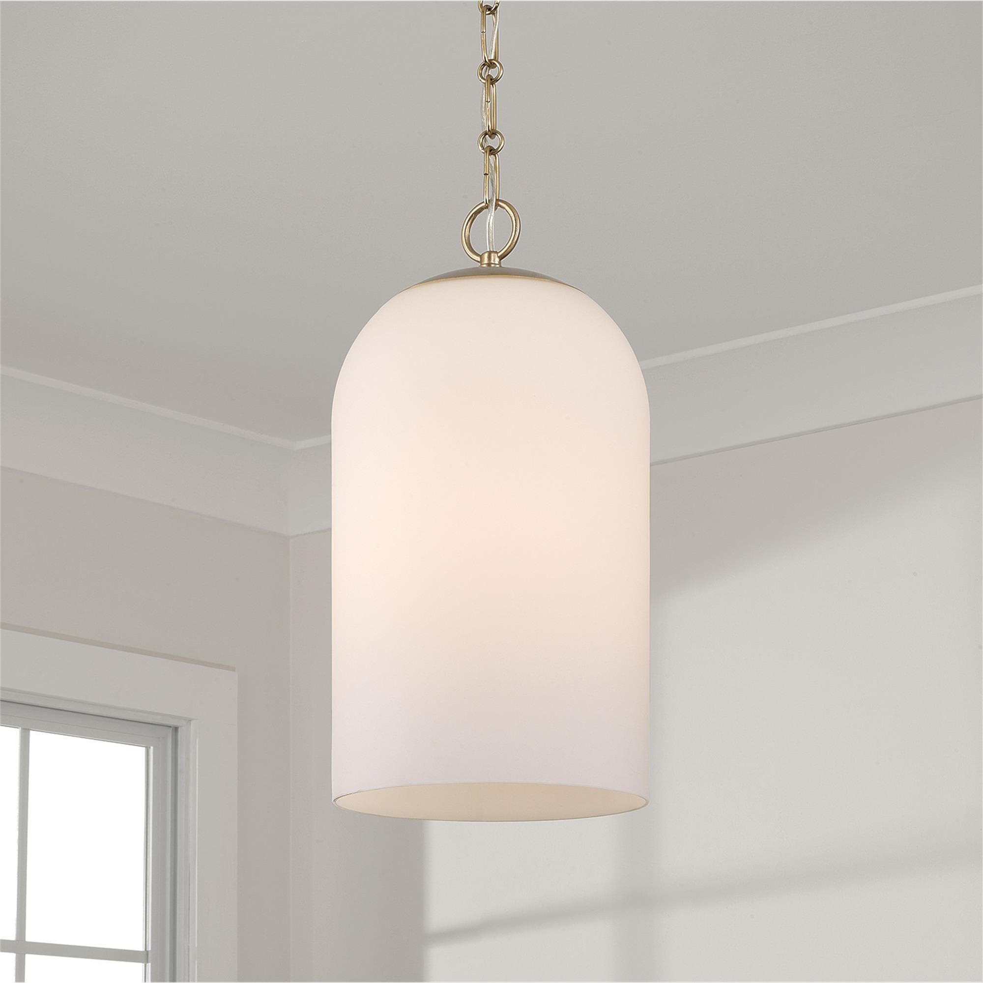 Shown in Matte Brass finish and Soft White glass