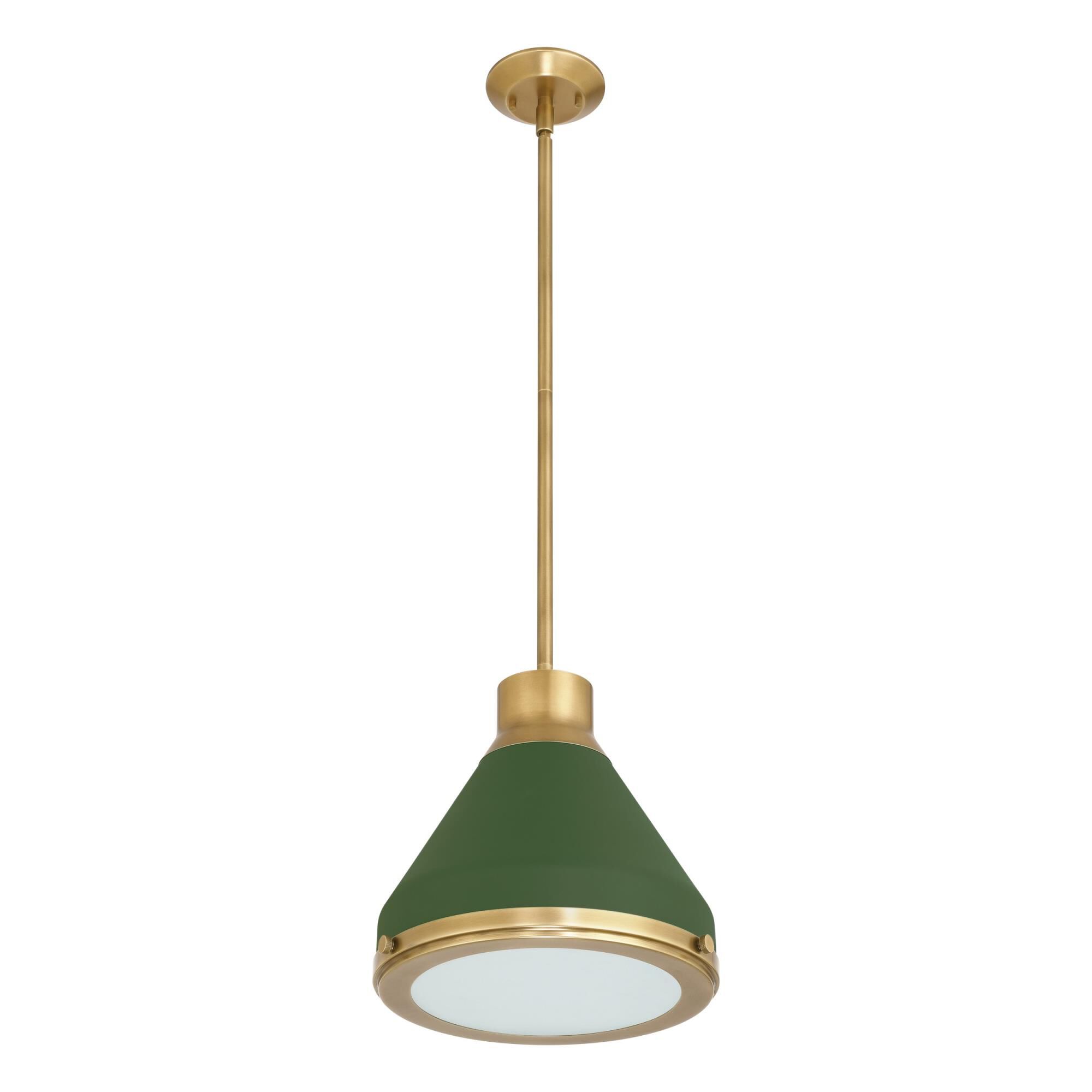 Shown in Natural Brass finish and Etched glass and Natural Brass, Matte Green shade