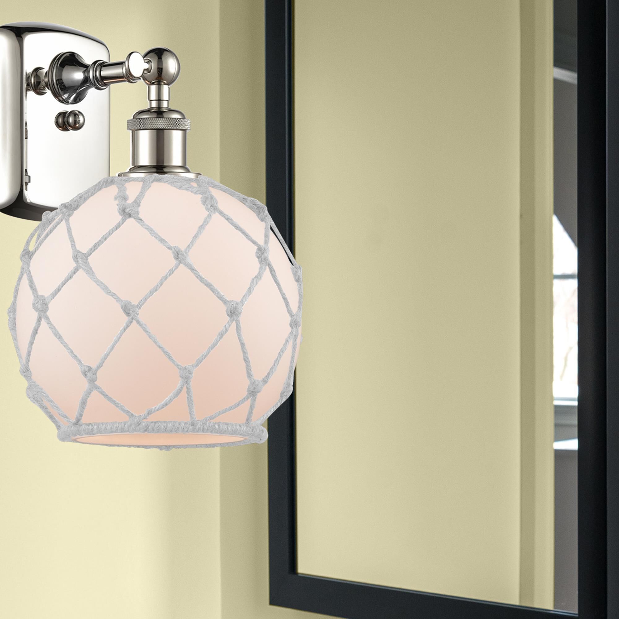 Shown in Polished Nickel finish and Sphere glass and Glass And Rope shade