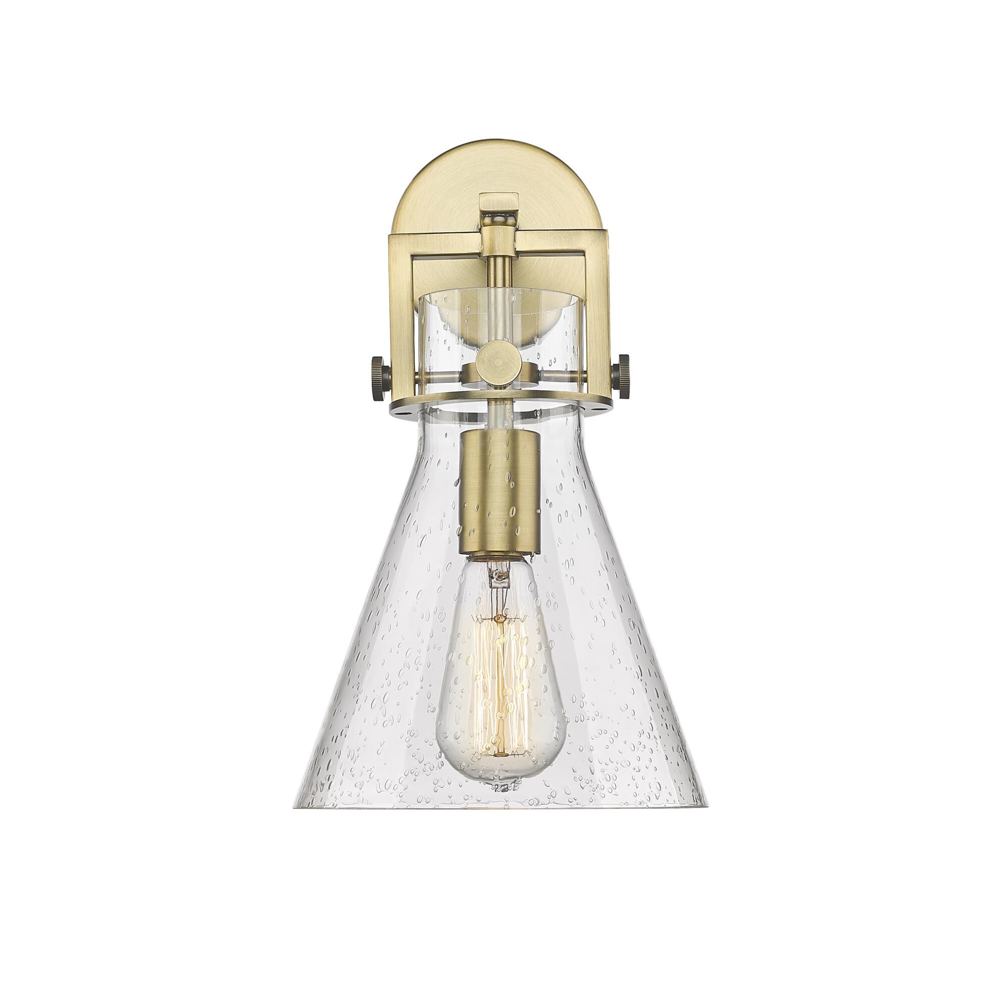 Shown in Brushed Brass finish and Seedy glass