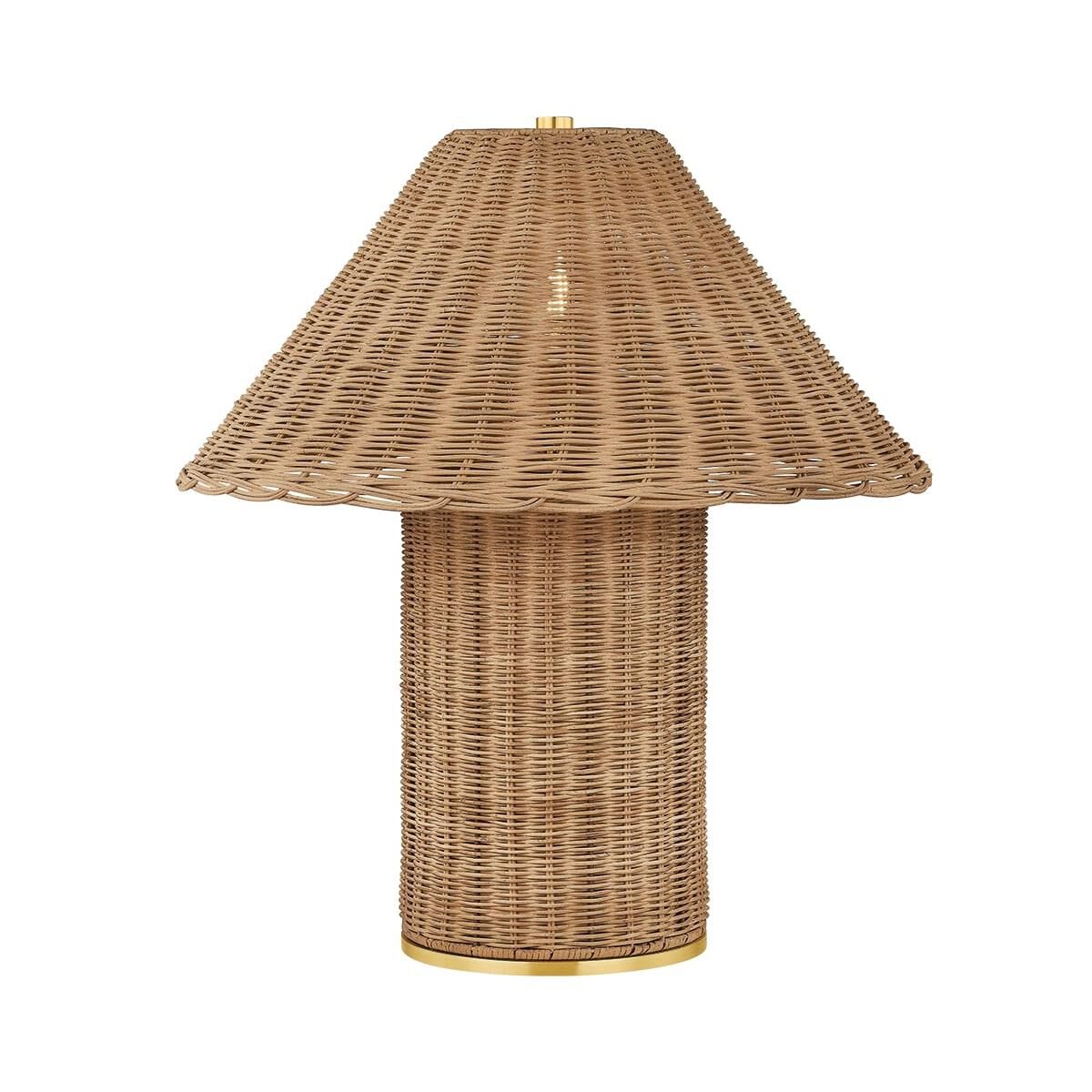Shown in Aged Brass finish and Light Natural Wicker shade