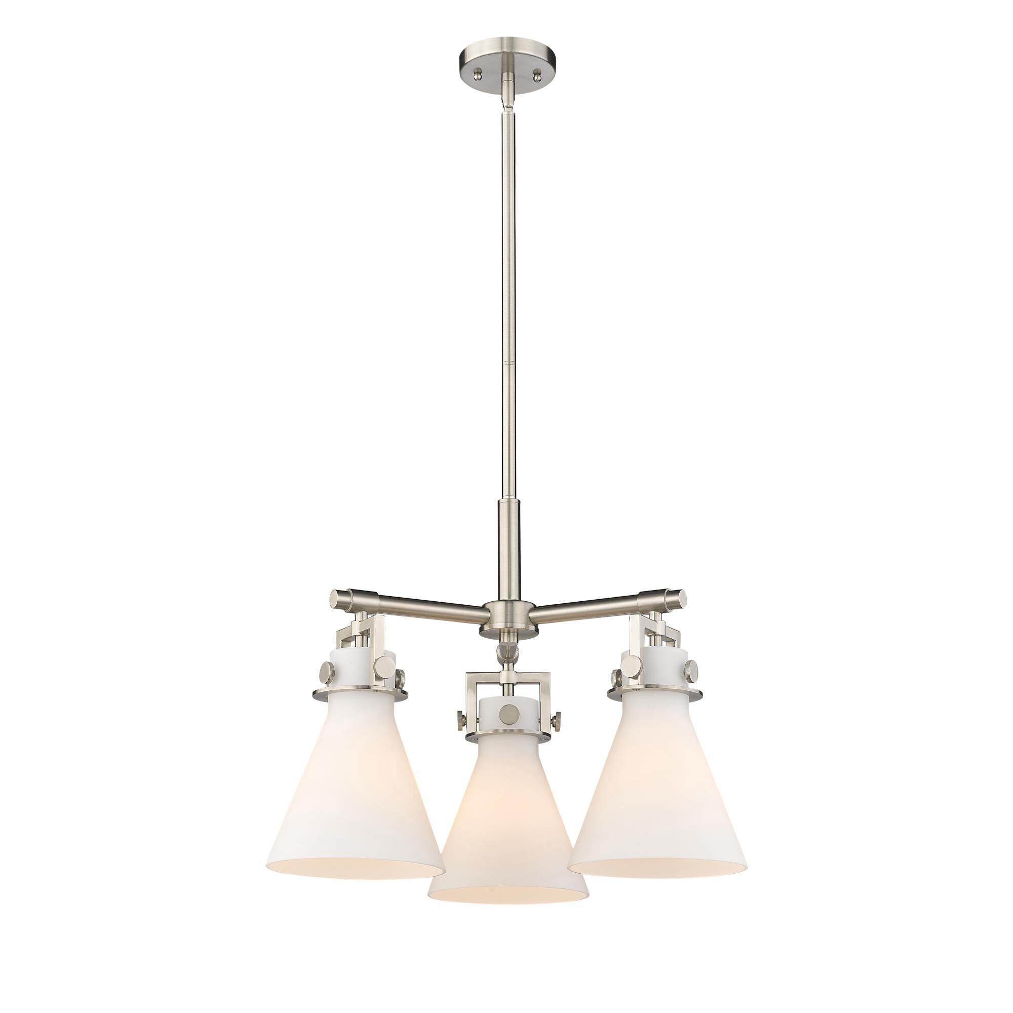 Shown in Satin Nickel finish and Matte White glass