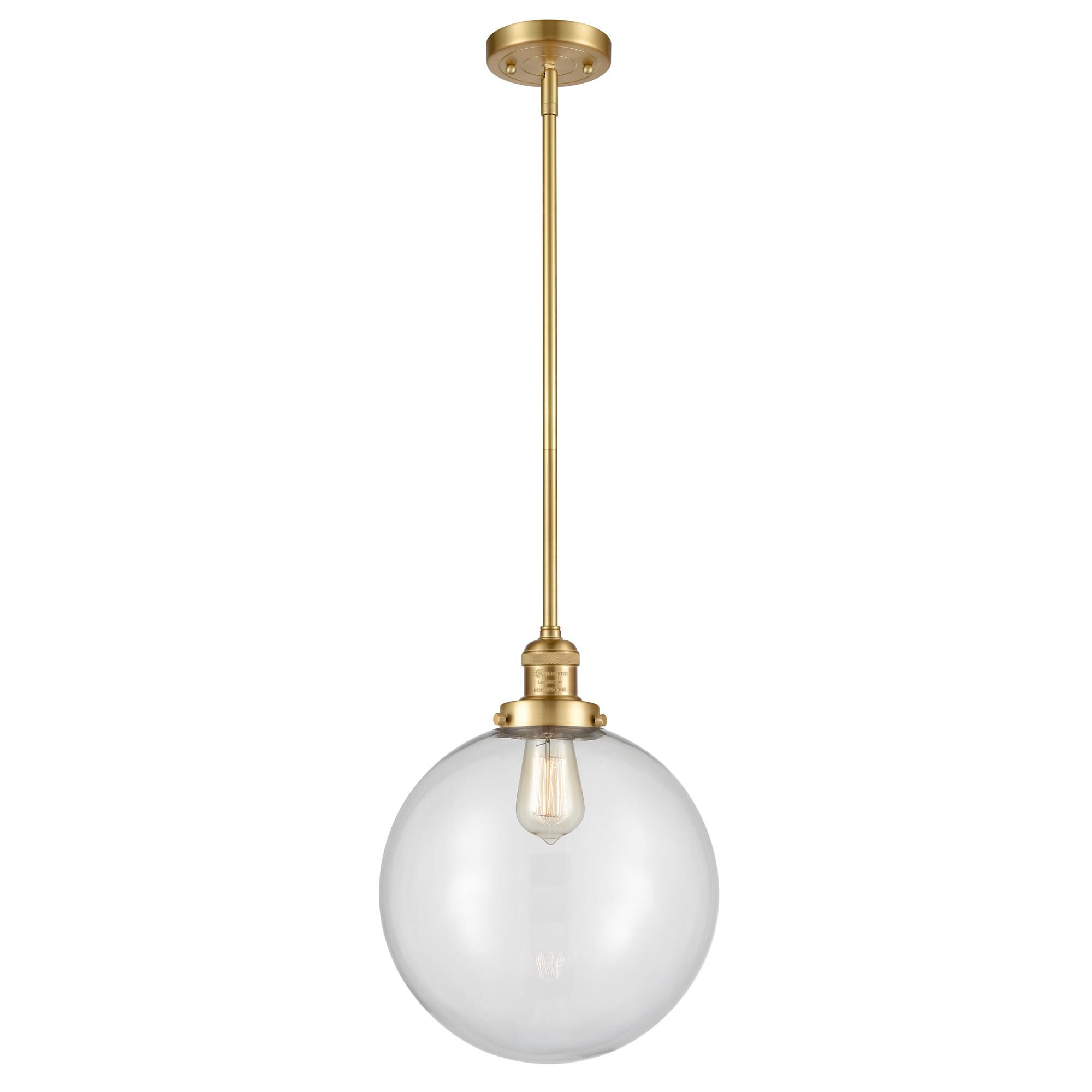 Shown in Satin Gold finish and Clear Beacon glass