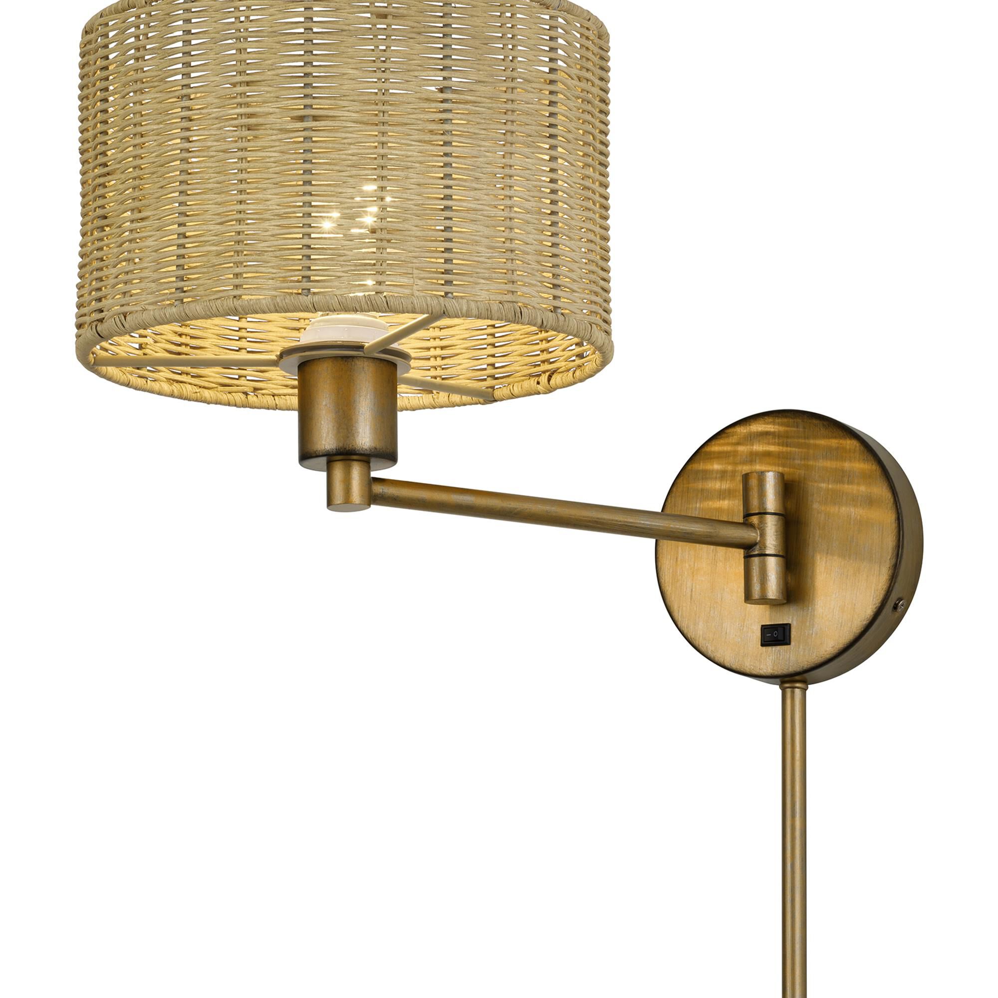 Shown in Antique Gold Leaf finish and Hand-Woven Rustic Walnut Color Rattan shade