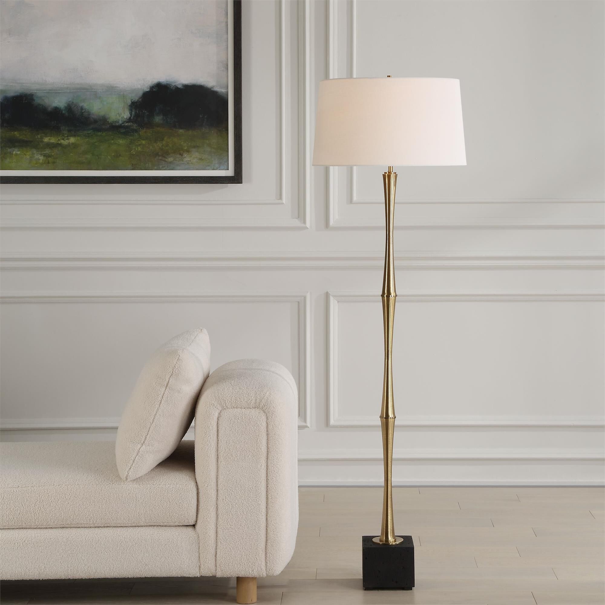 Shown in The Shino Floor Lamp Seamlessly Blends Both Contemporary And Traditional Decors. Crafted In Iron And finish and Round Hardback shade