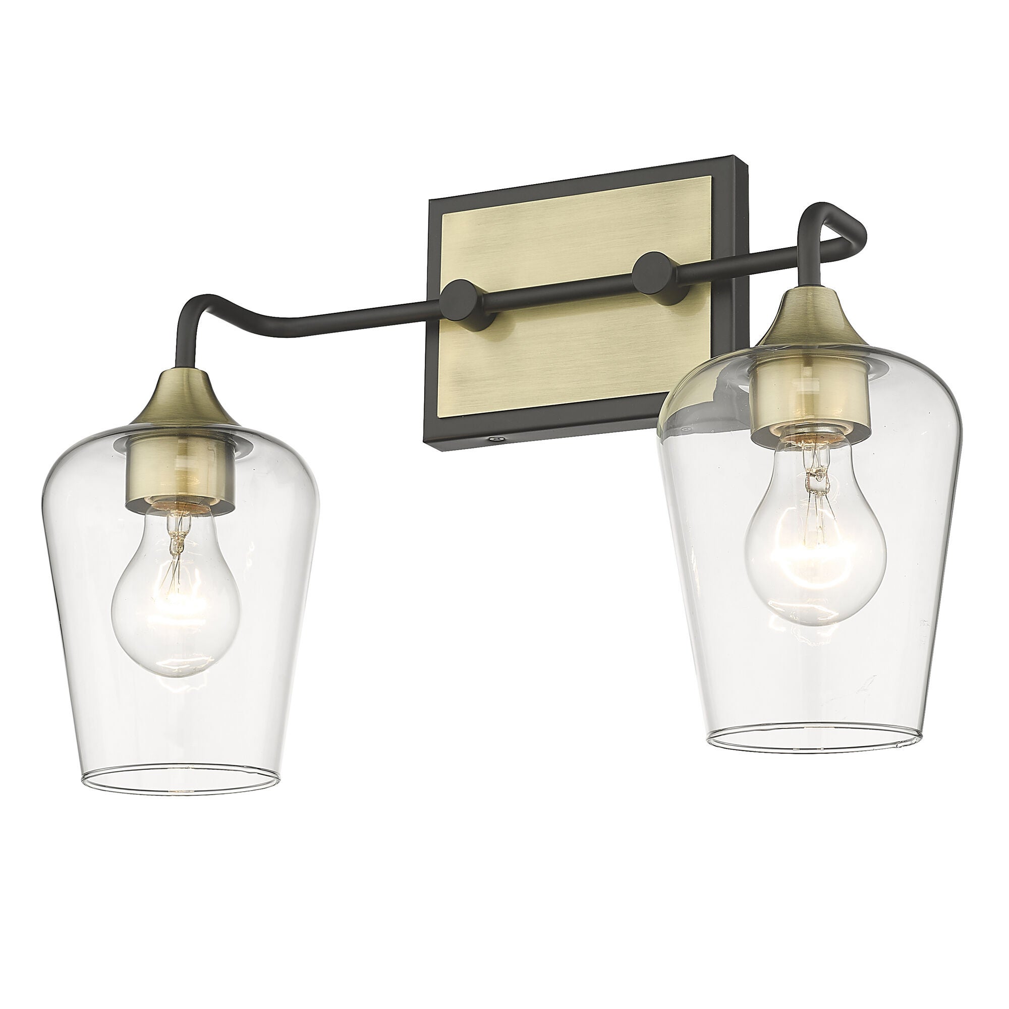 Shown in Antique Brass And Black finish and Clear Glass shade