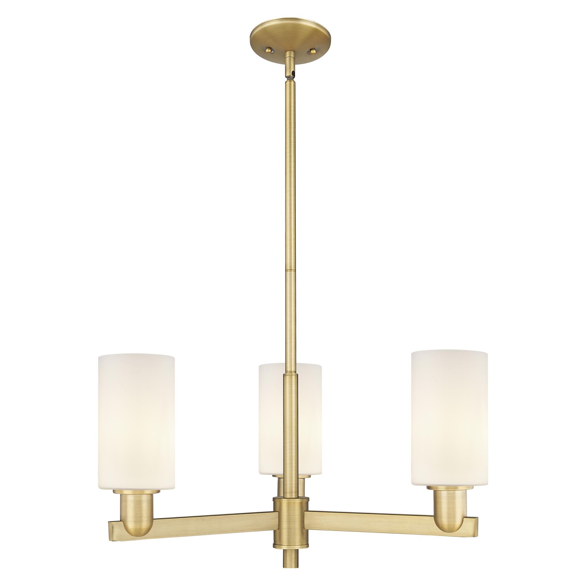 Shown in Brushed Brass finish and Matte White glass