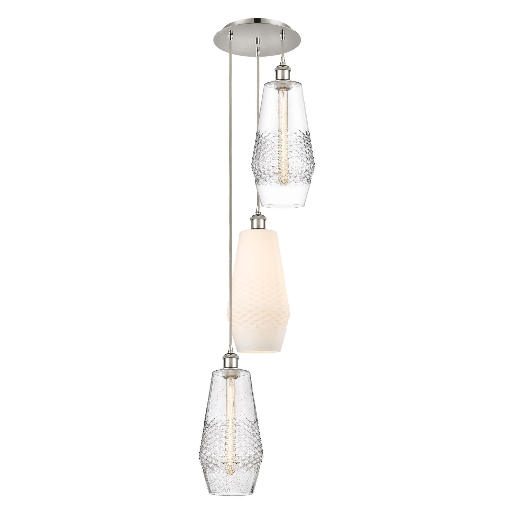 Shown in Polished Nickel finish and White, Clear And Seedy glass