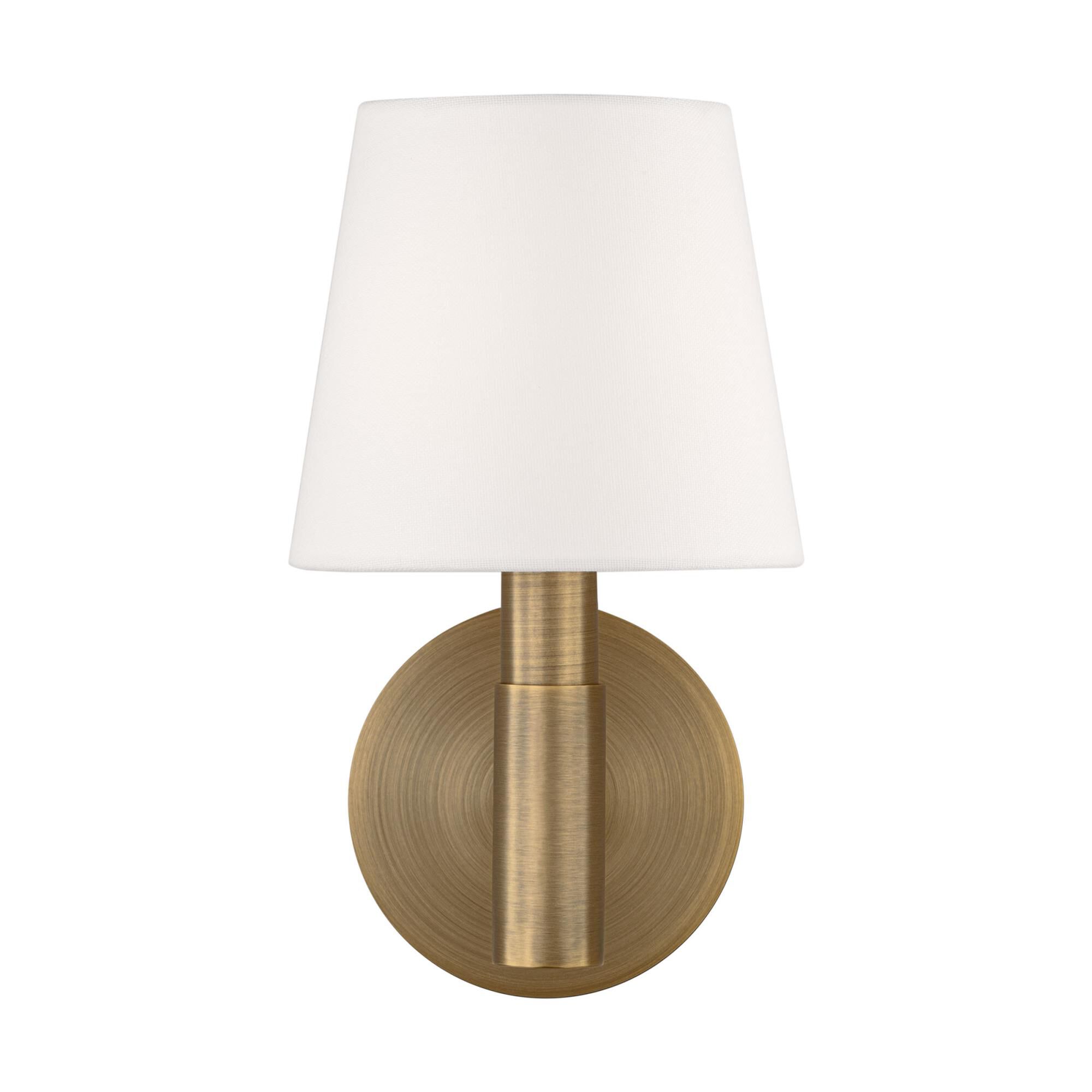 Shown in Time Worn Brass finish and White Linen shade