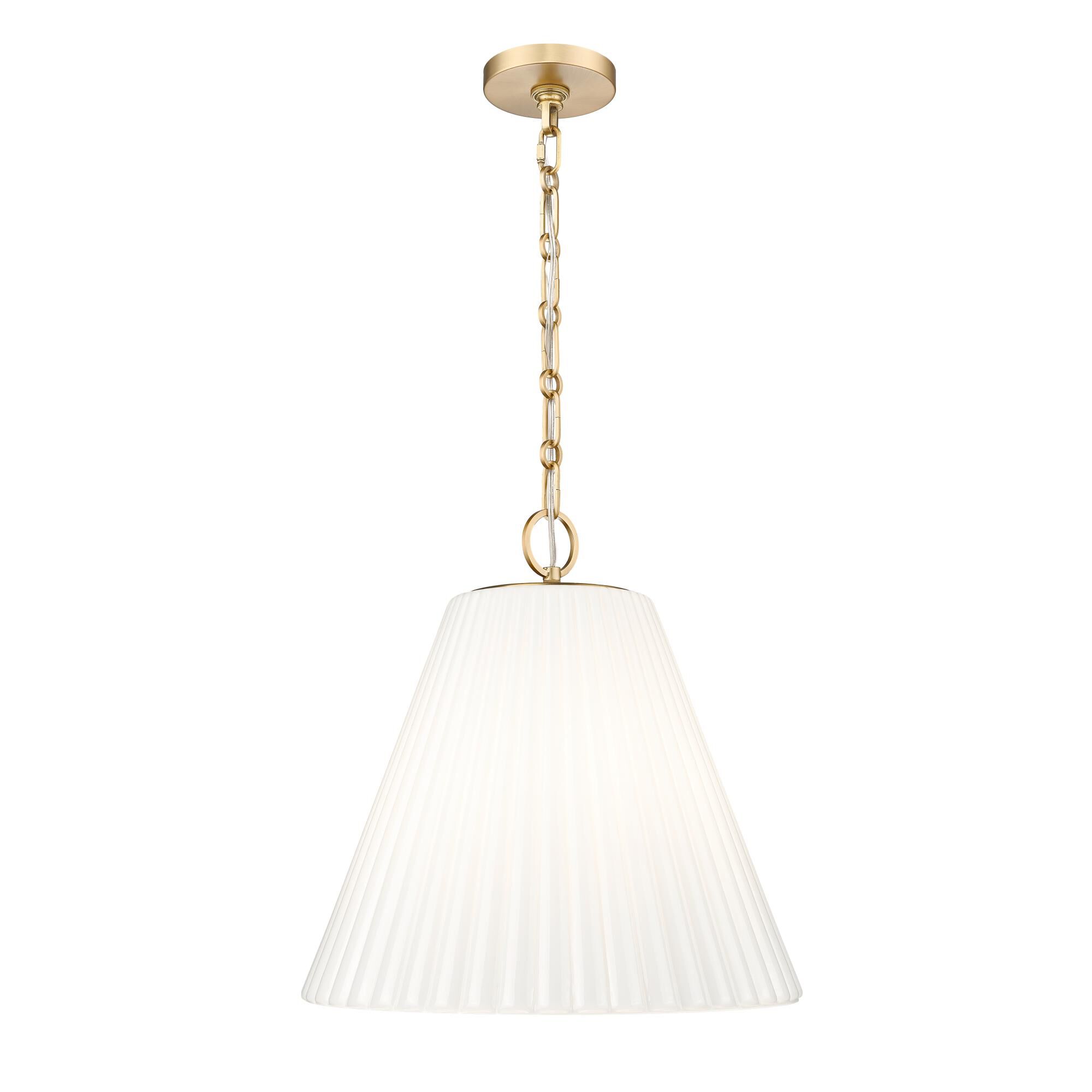 Shown in Modern Gold finish and White glass and White shade