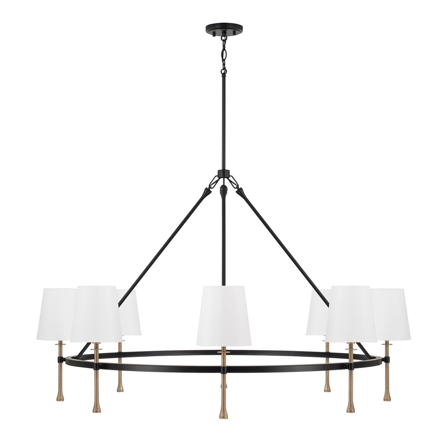Shown in Matte Black With Hammered Gold finish and White Fabric Stay-Straight s shade