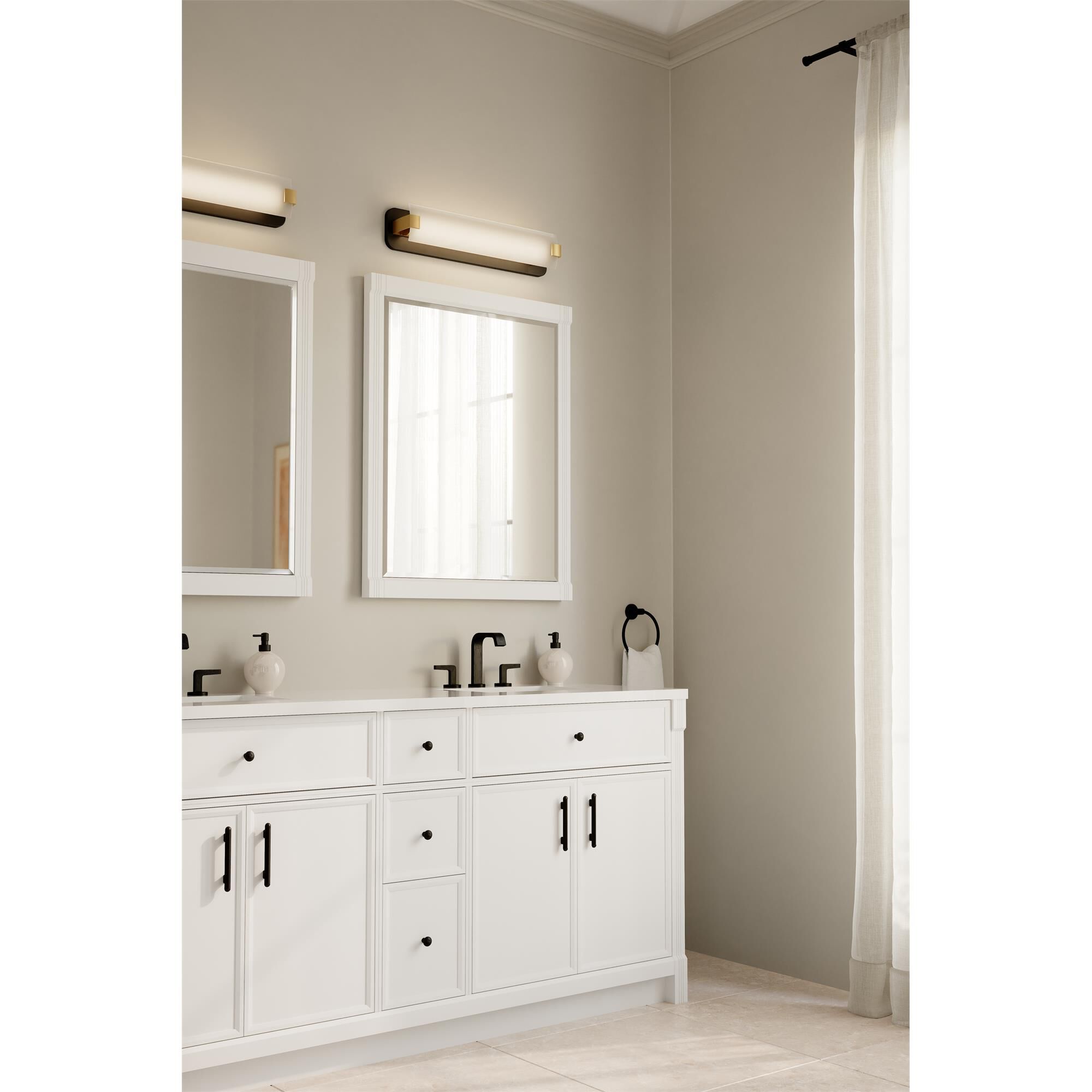 Shown in Dark Matte Black and Legacy Brass finish and Etched White glass