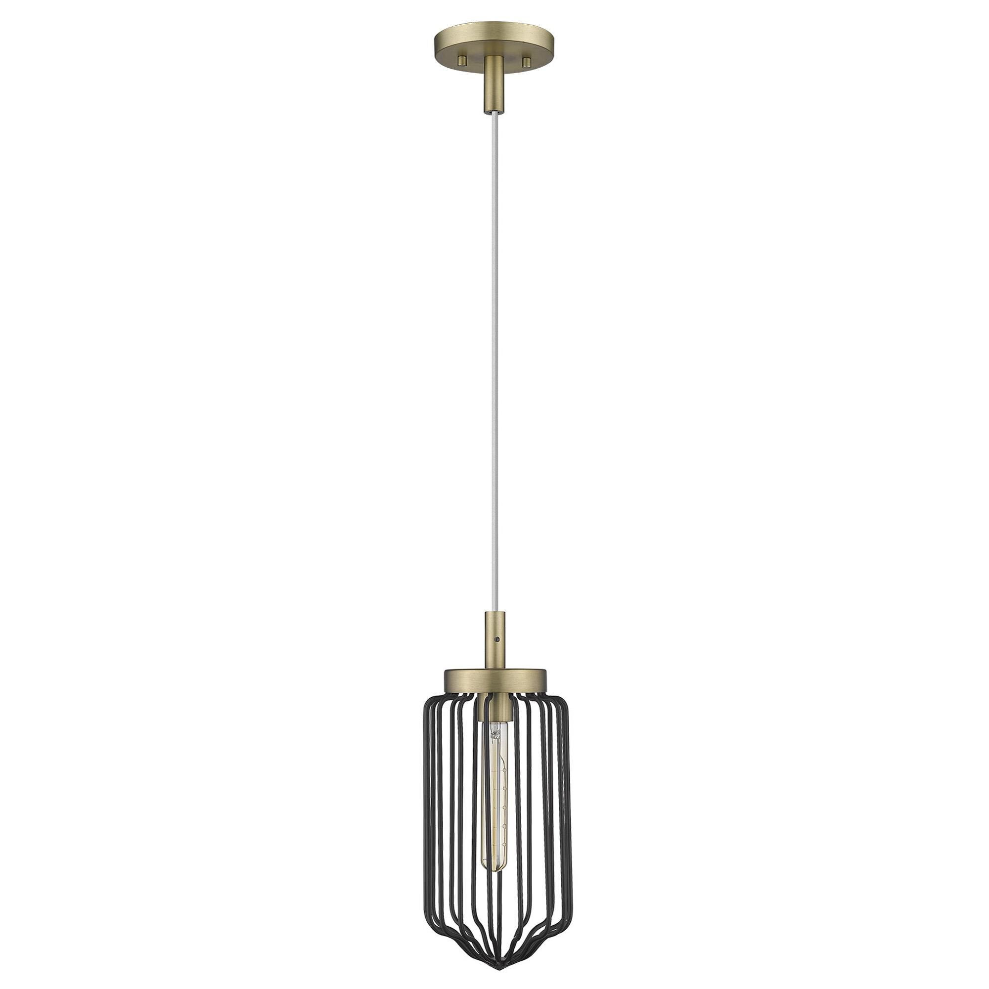 Shown in Aged Brass finish and Black glass and Black, Cylindrical Metal Cage shade