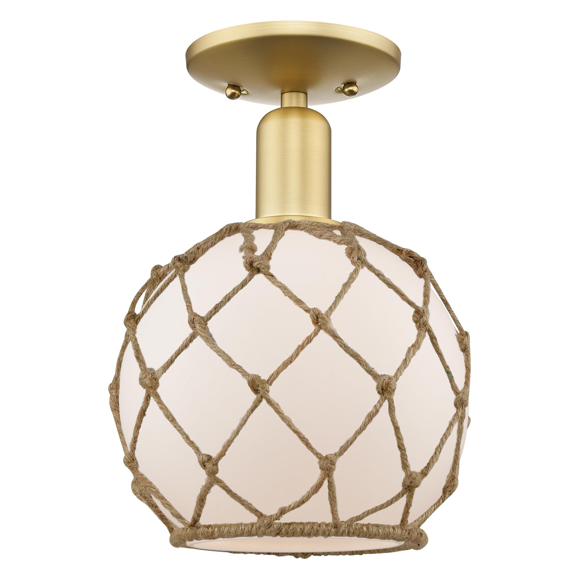 Shown in Satin Gold finish and White with Brown Rope glass