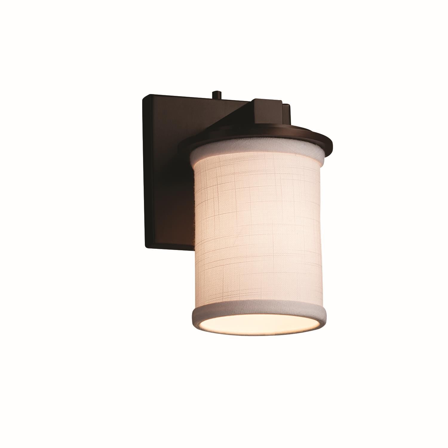 Shown in Dark Bronze finish and White Woven Fabric shade and Cylinder with Flat Rim accent