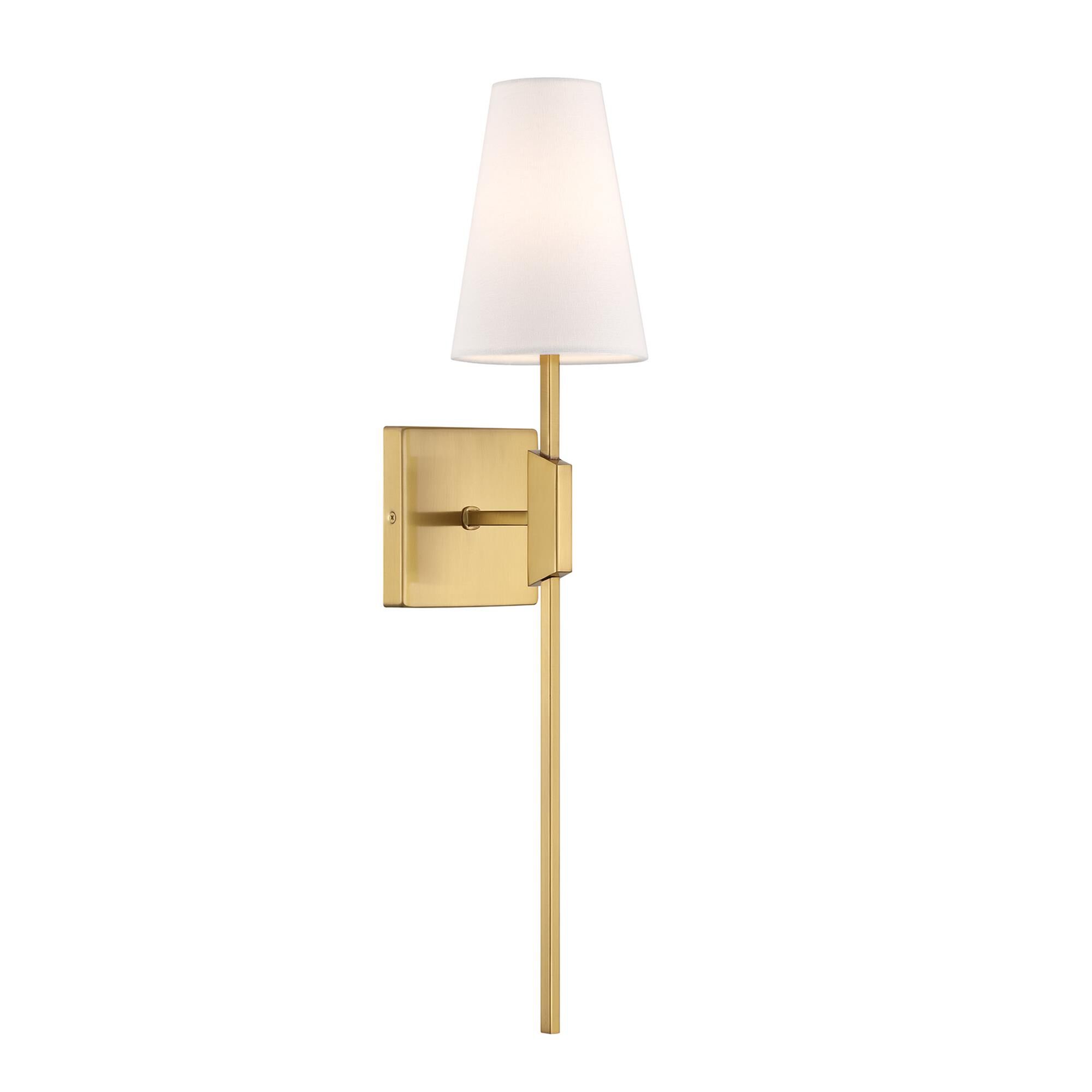 Shown in Natural Brass finish and White Linen Fabric shade