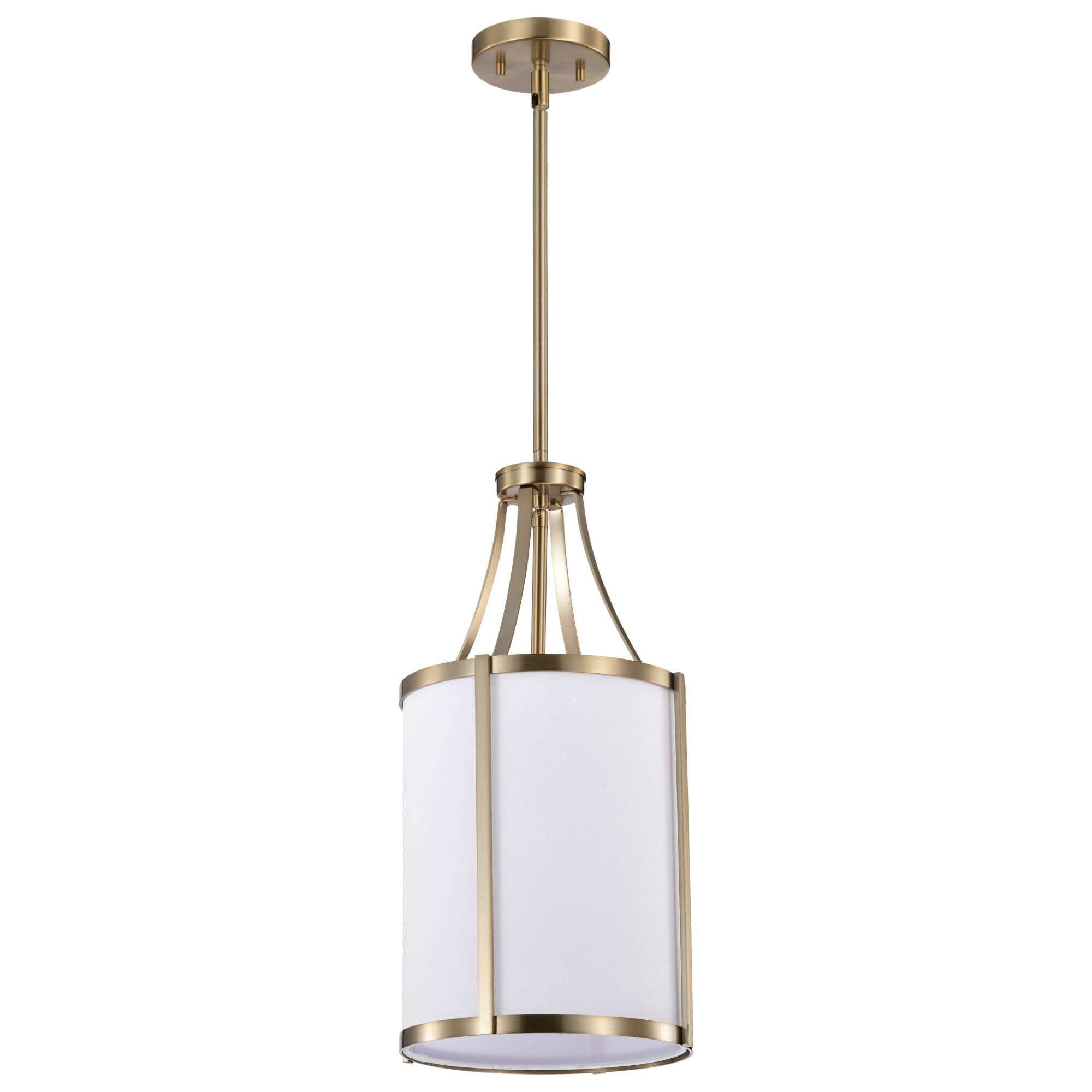 Shown in Burnished Brass finish and White Linen shade