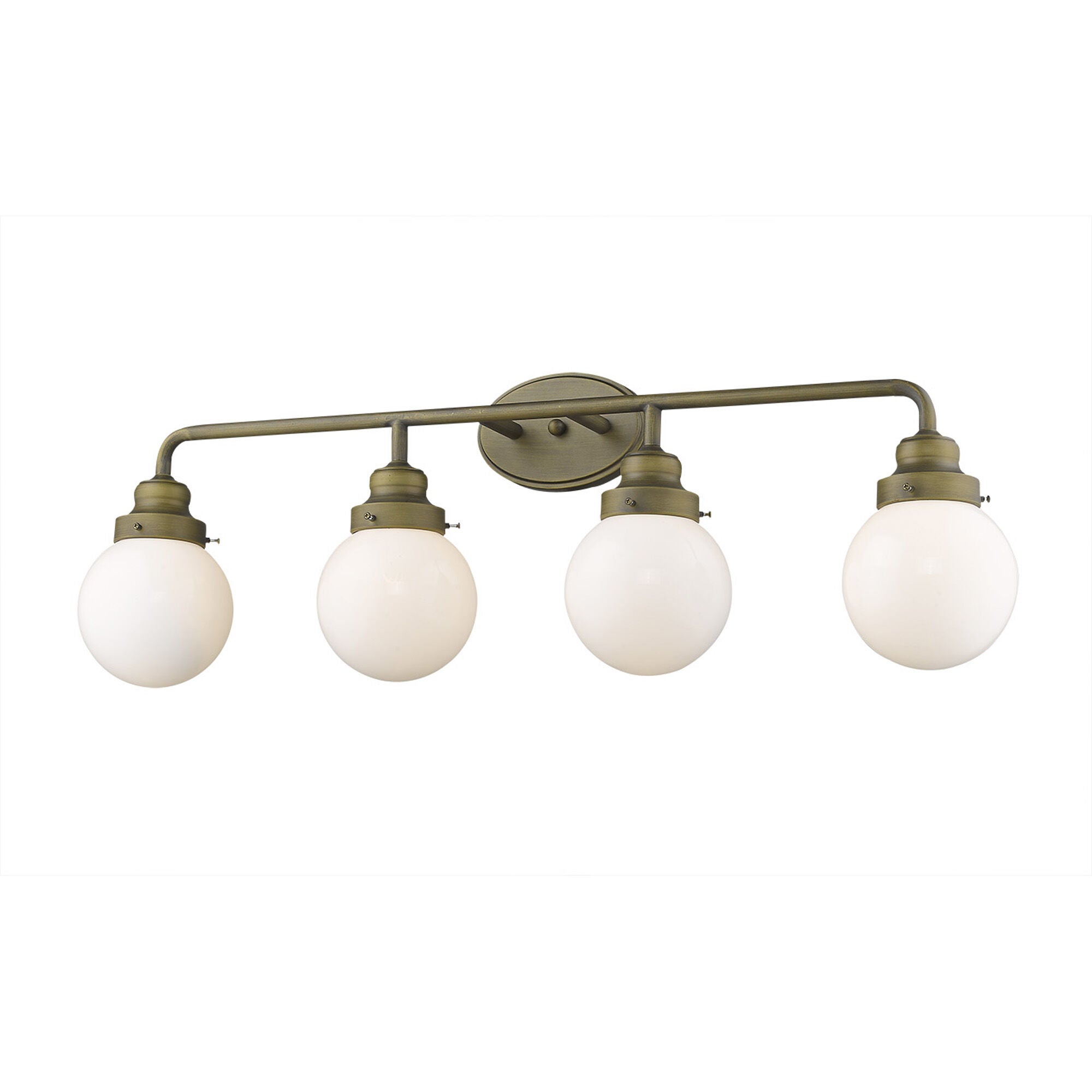 Shown in Raw Brass finish and Opal glass and Opal, Glass Globes shade