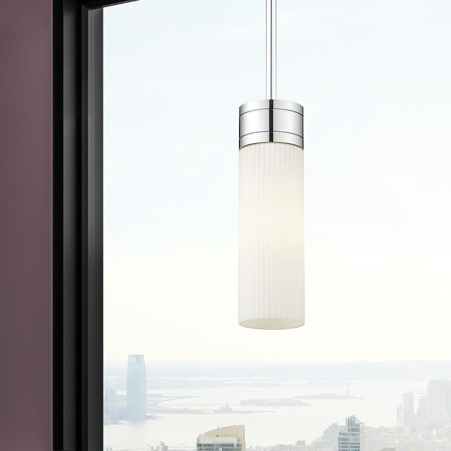 Shown in Polished Chrome finish and Striped White glass