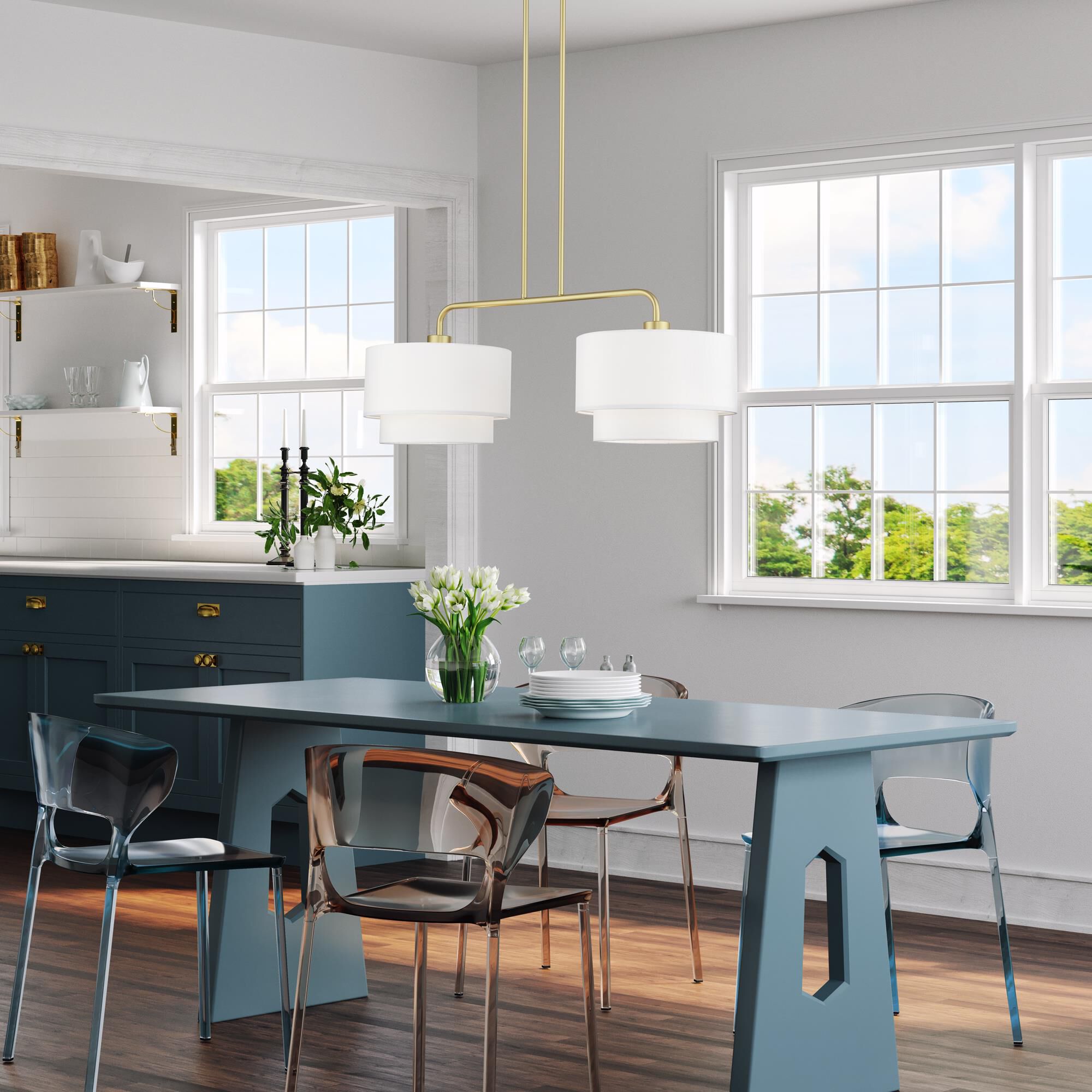 Shown in Soft Gold finish and Hand Crafted Off-White Fabric Hardbacks with White Fabric Inside shade