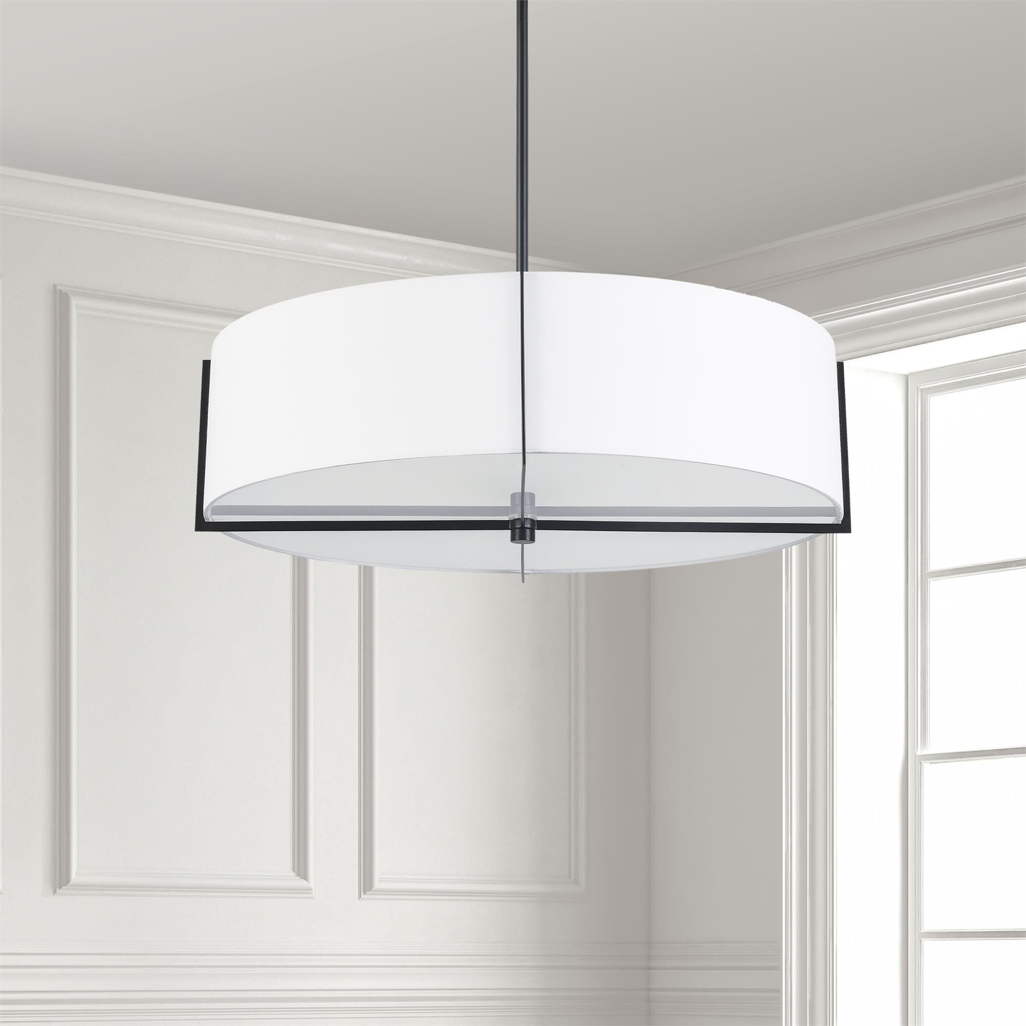 Shown in White and Black finish and White Fabric Drum shade