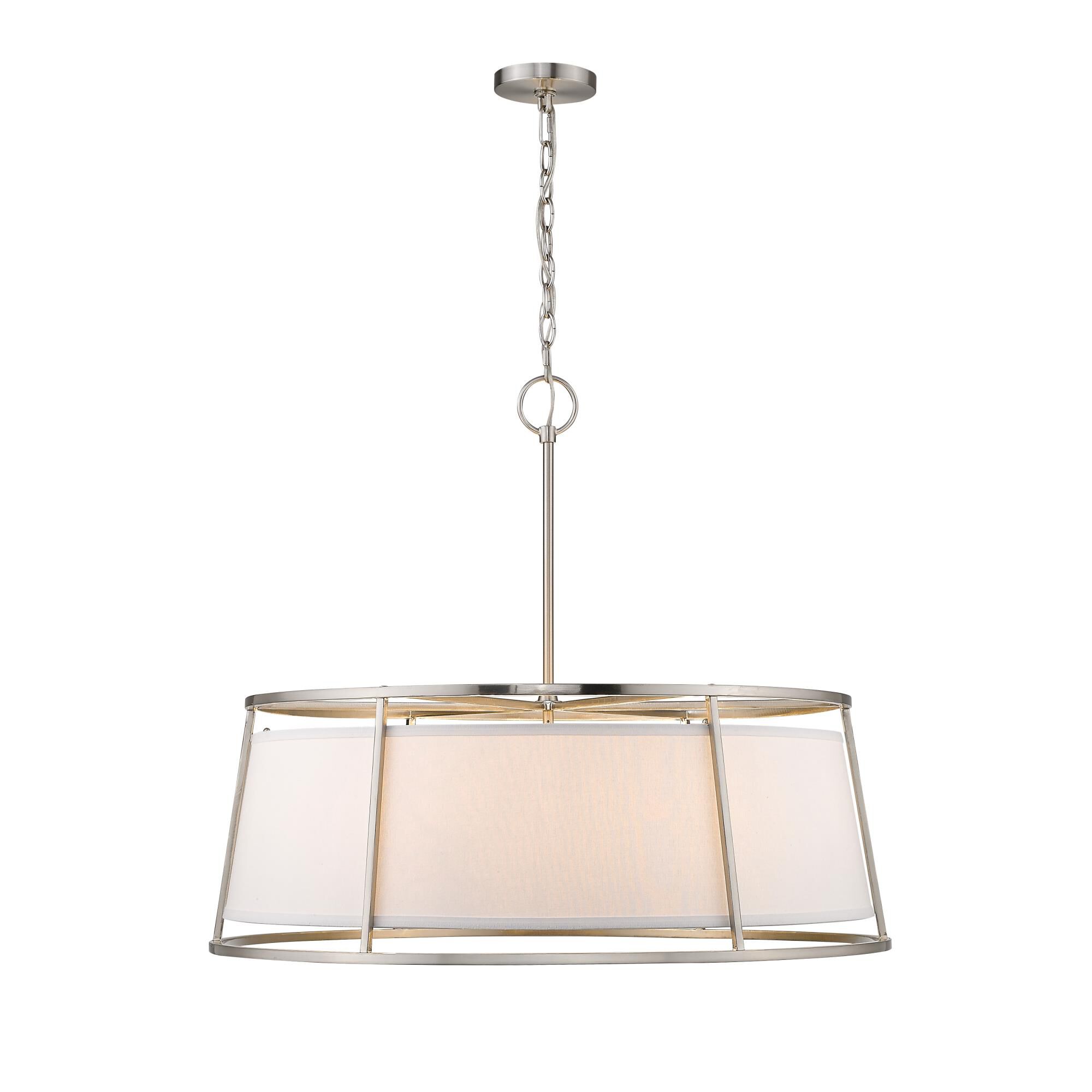 Shown in Brushed Nickel finish and Fabric glass and Fabric shade