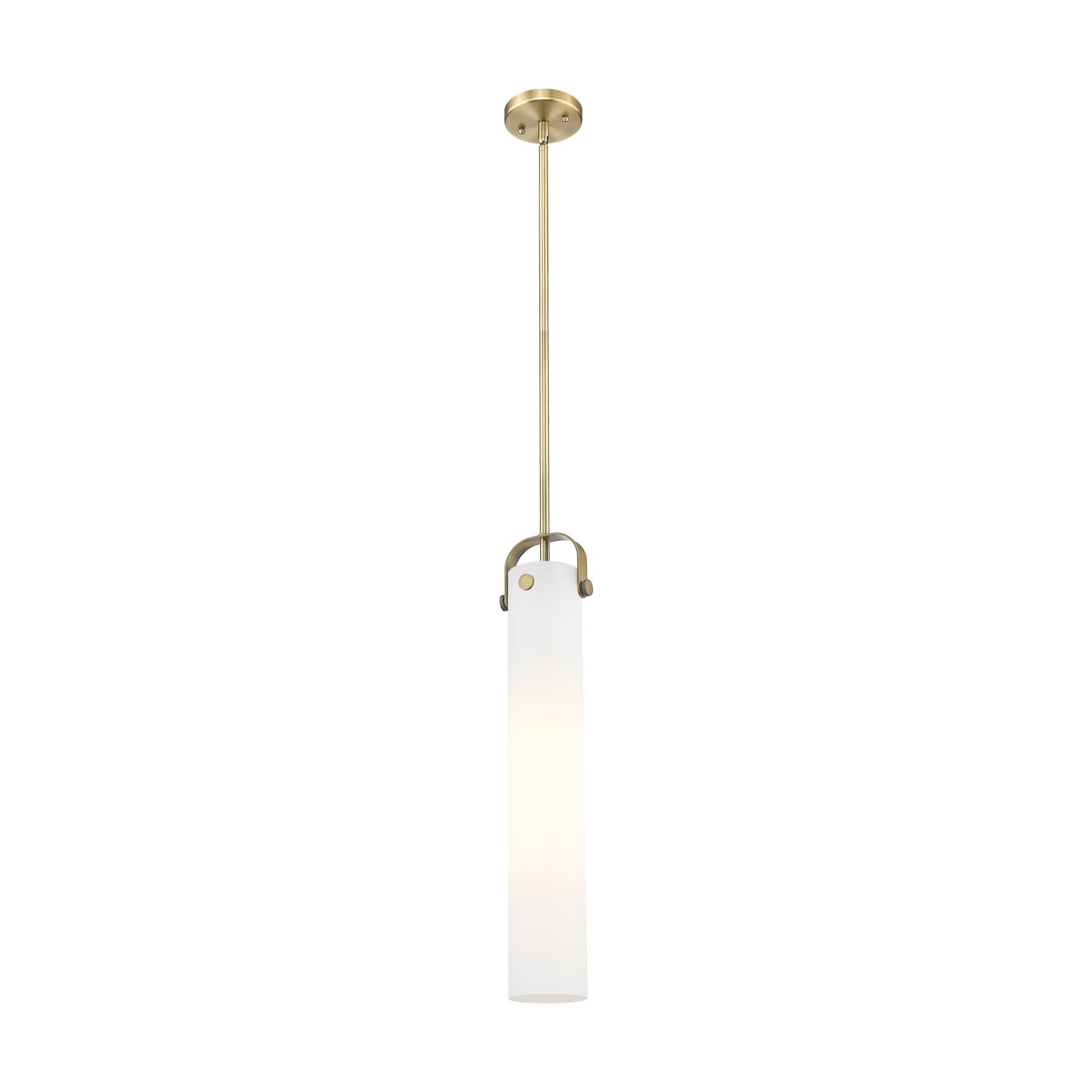 Shown in Brushed Brass finish and Matte White glass and 1 Light accent