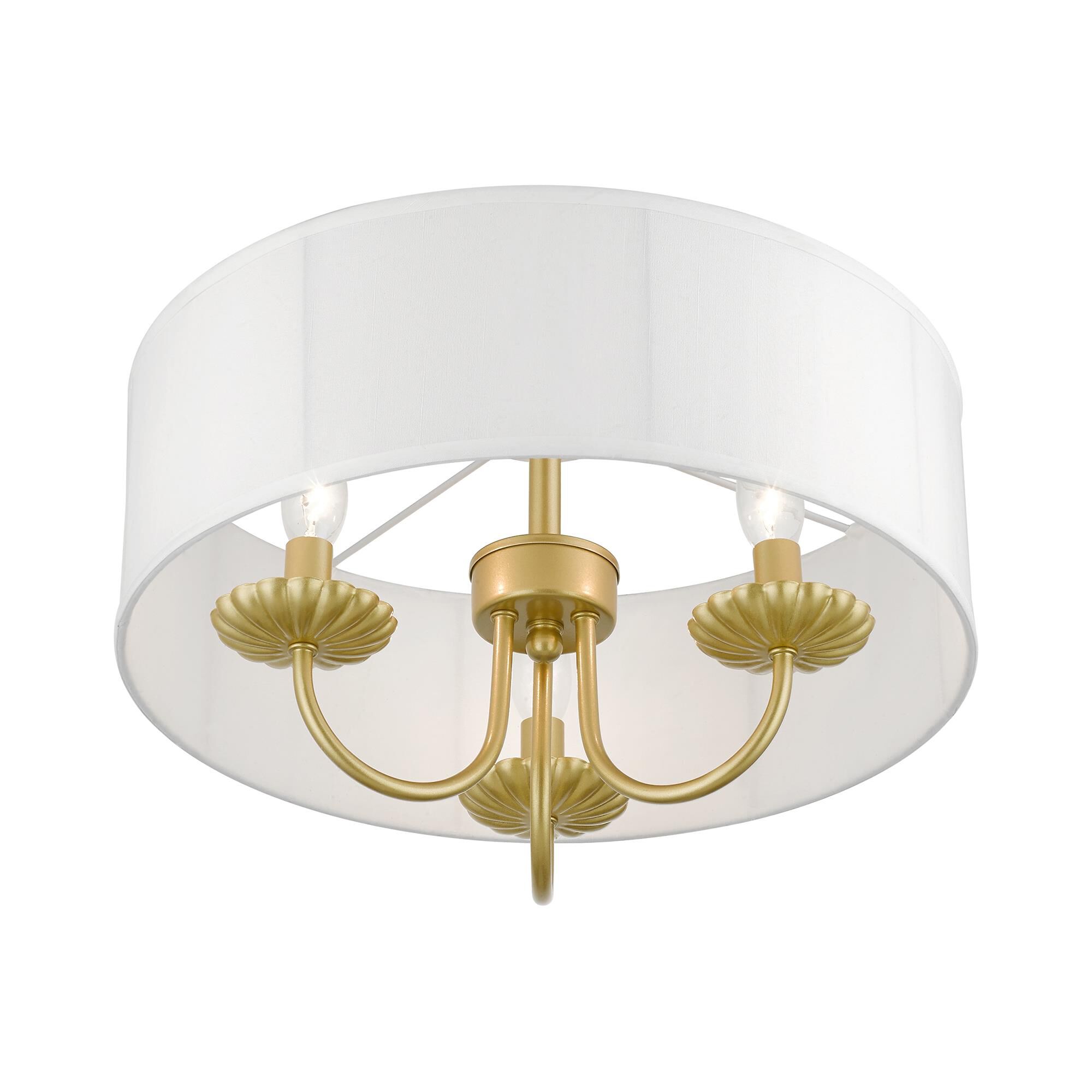 Shown in Soft Gold finish and Off-White Fabric Hardback with White Fabric Inside shade