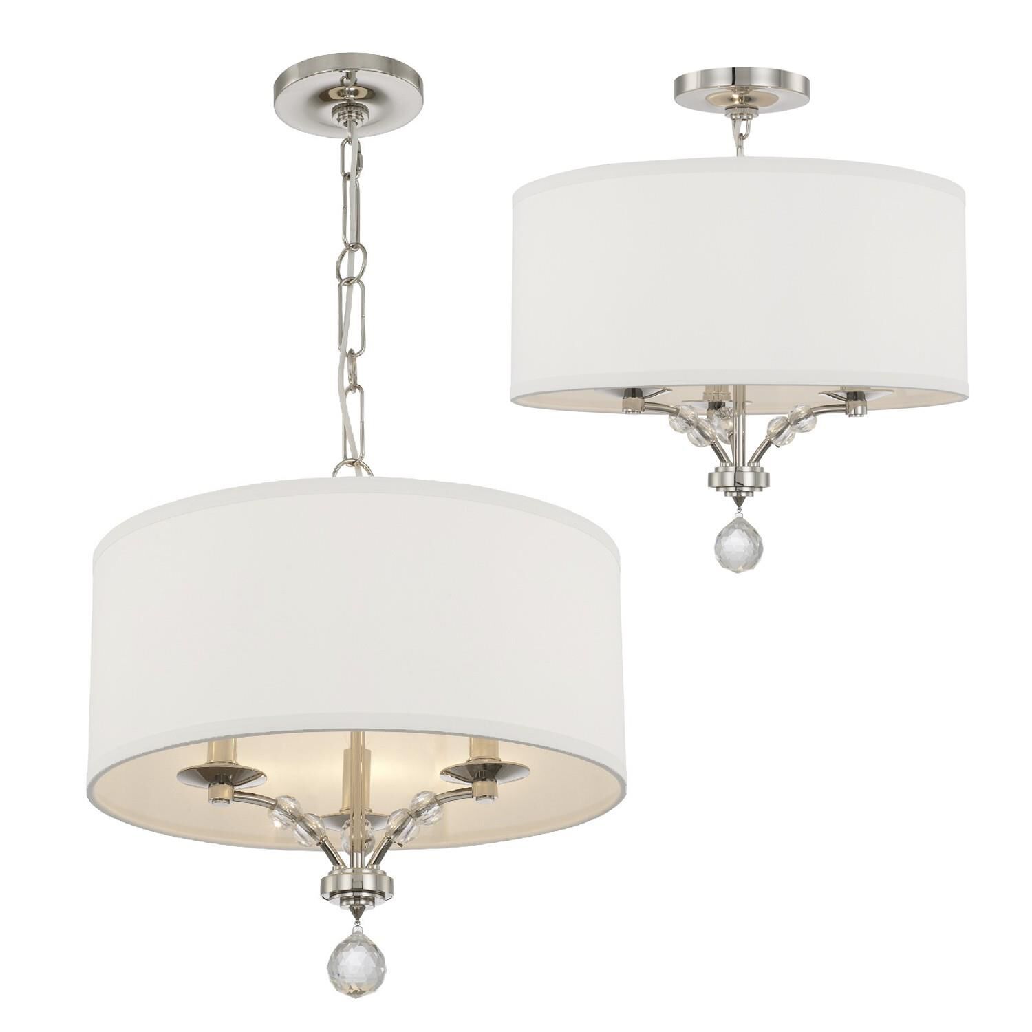 Shown in Polished Nickel finish and Clear Glass Drops crystal and Silk glass and White shade