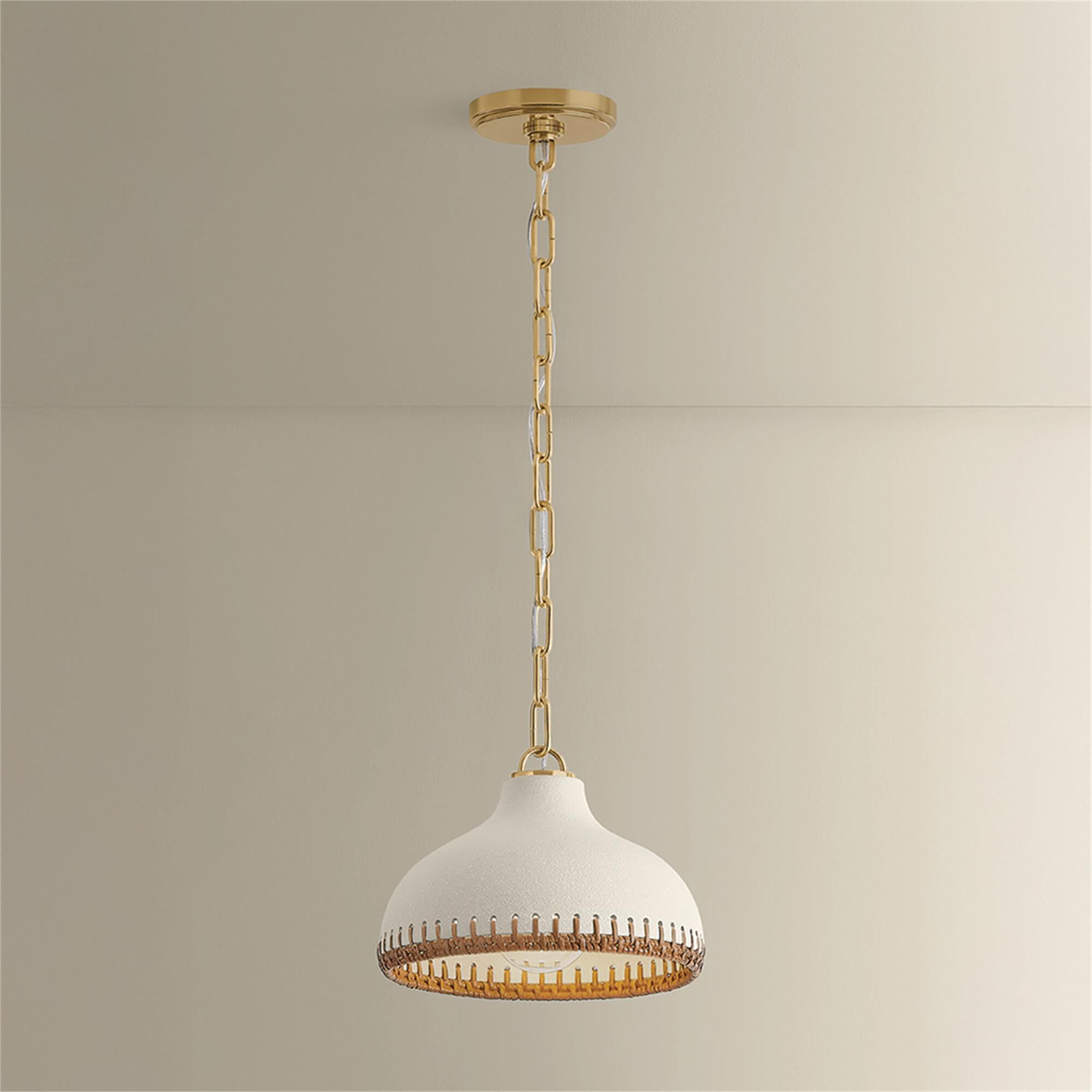 Shown in Aged Brass and Ceramic Cream Pebble finish and Rattan Weave Ceramic shade