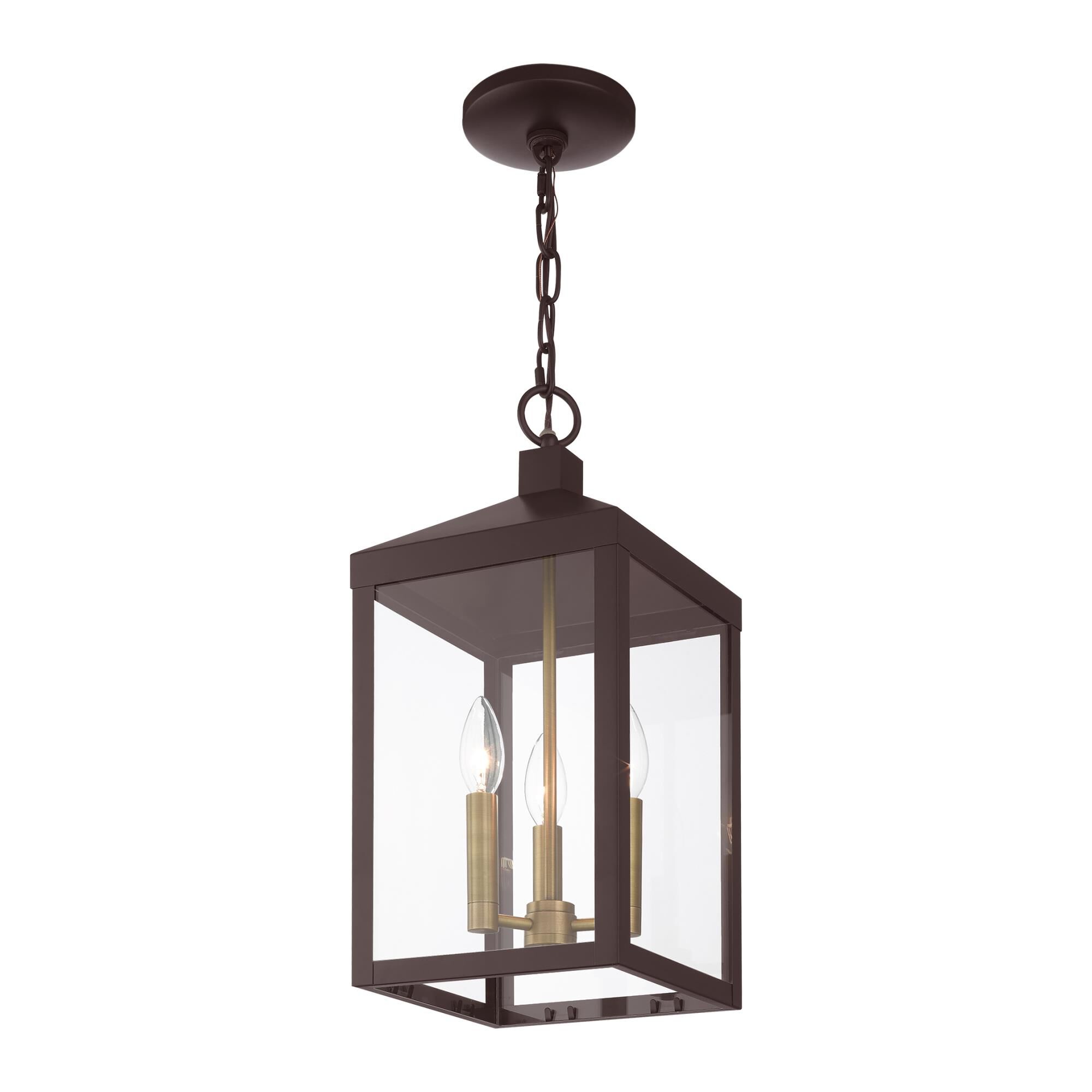 Shown in Bronze With Antique Brass Cluser finish and Clear glass and Clear Glass shade
