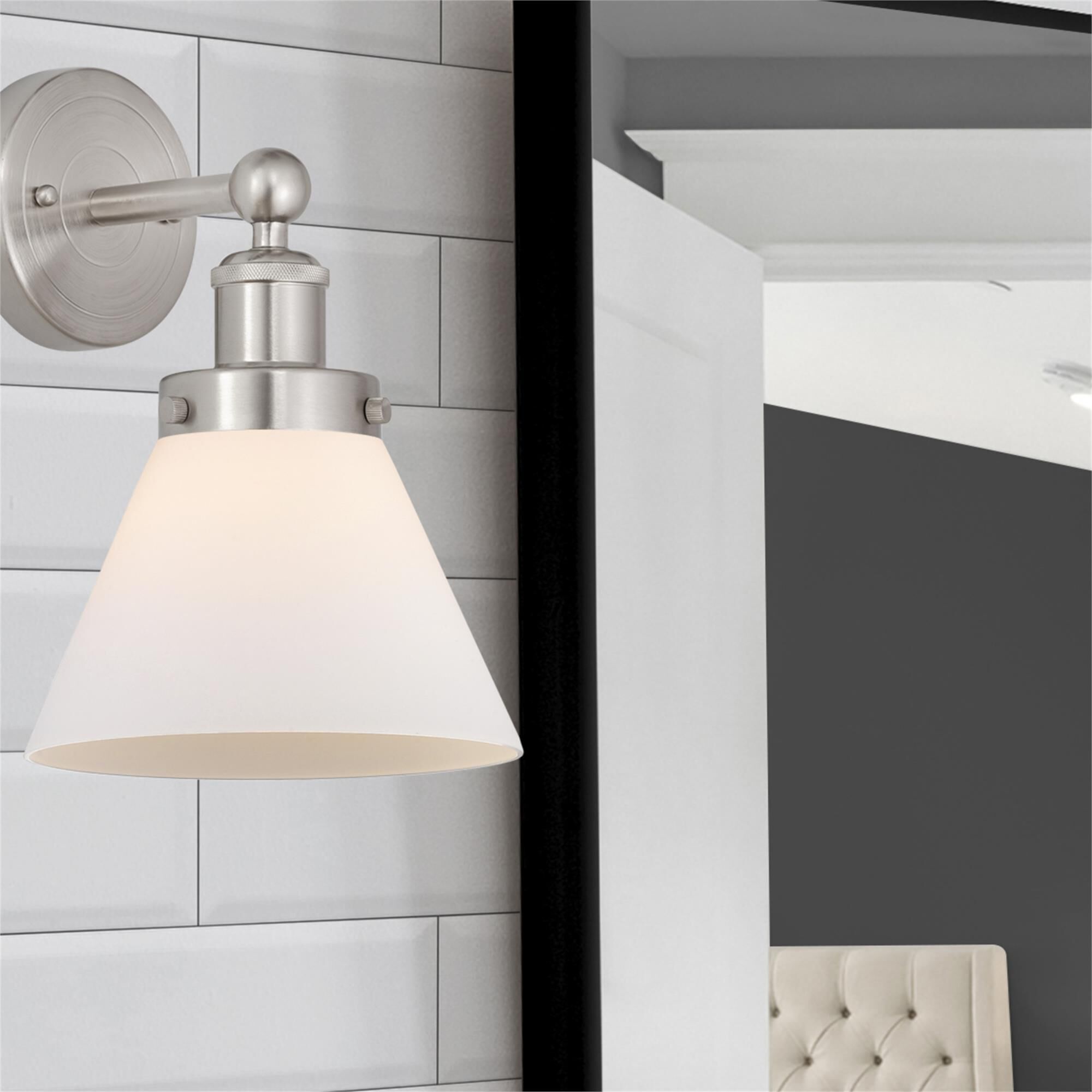 Shown in Brushed Satin Nickel  finish and Matte White glass