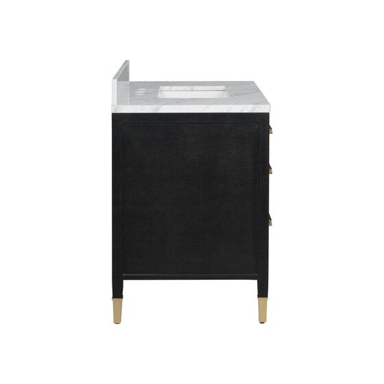 Side view of a black bathroom vanity with white marble top.