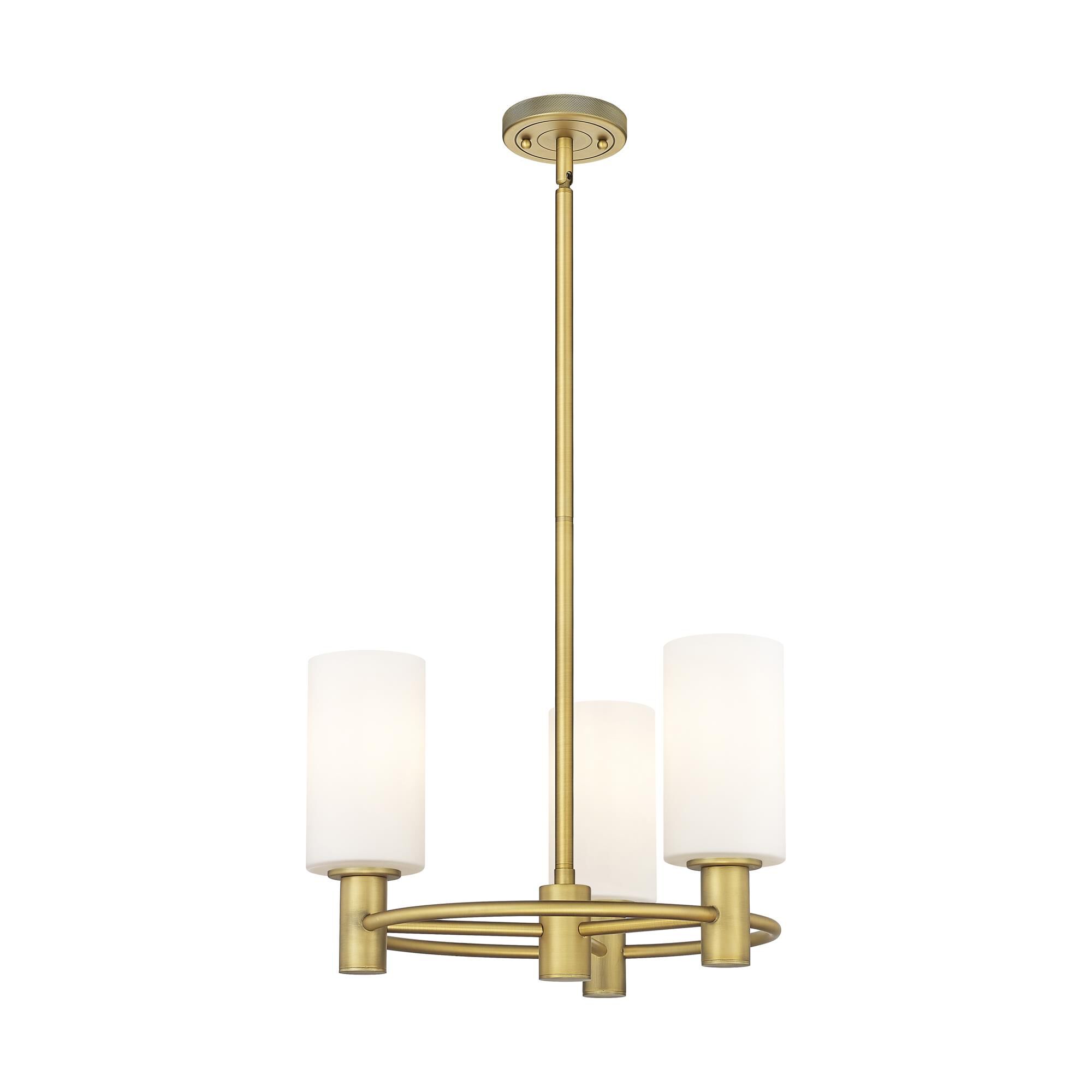 Shown in Brushed Brass finish and Matte White glass
