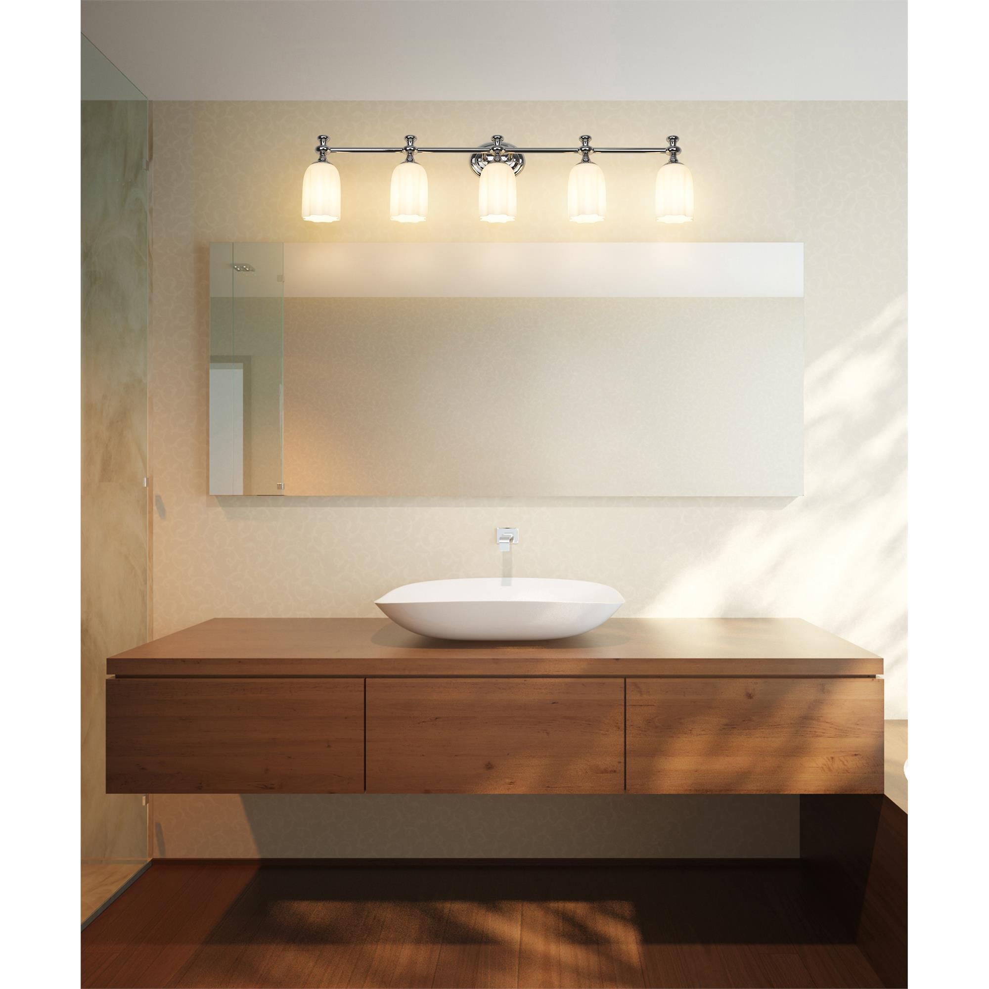 Shown in Chrome finish and Opal Etched glass and Opal Etched shade