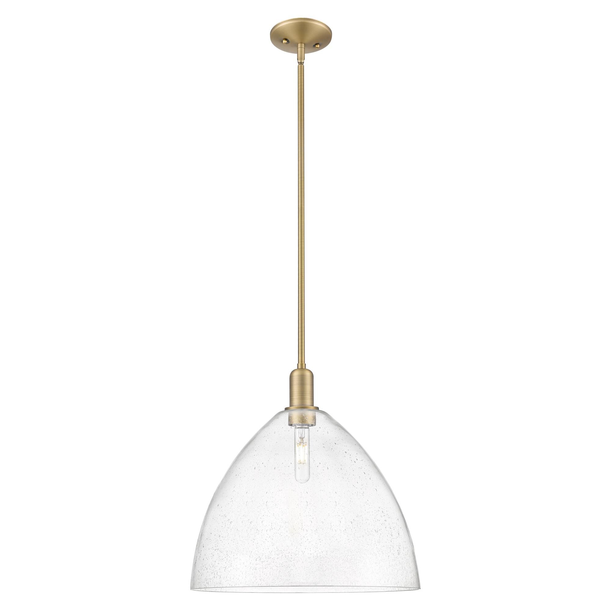 Shown in Brushed Brass finish and Seedy glass